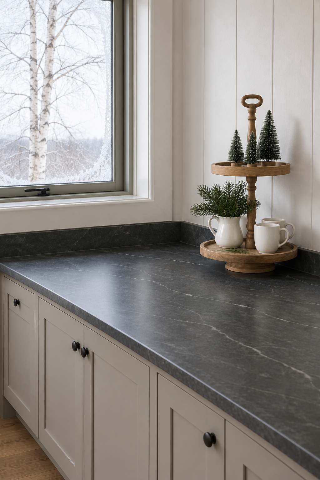 Christmas kitchen counter corner with a round two-tier natural wood tray holding small bottle brush trees, a pitcher of greenery and cocoa mugs, greige cabinets and a soapstone counter