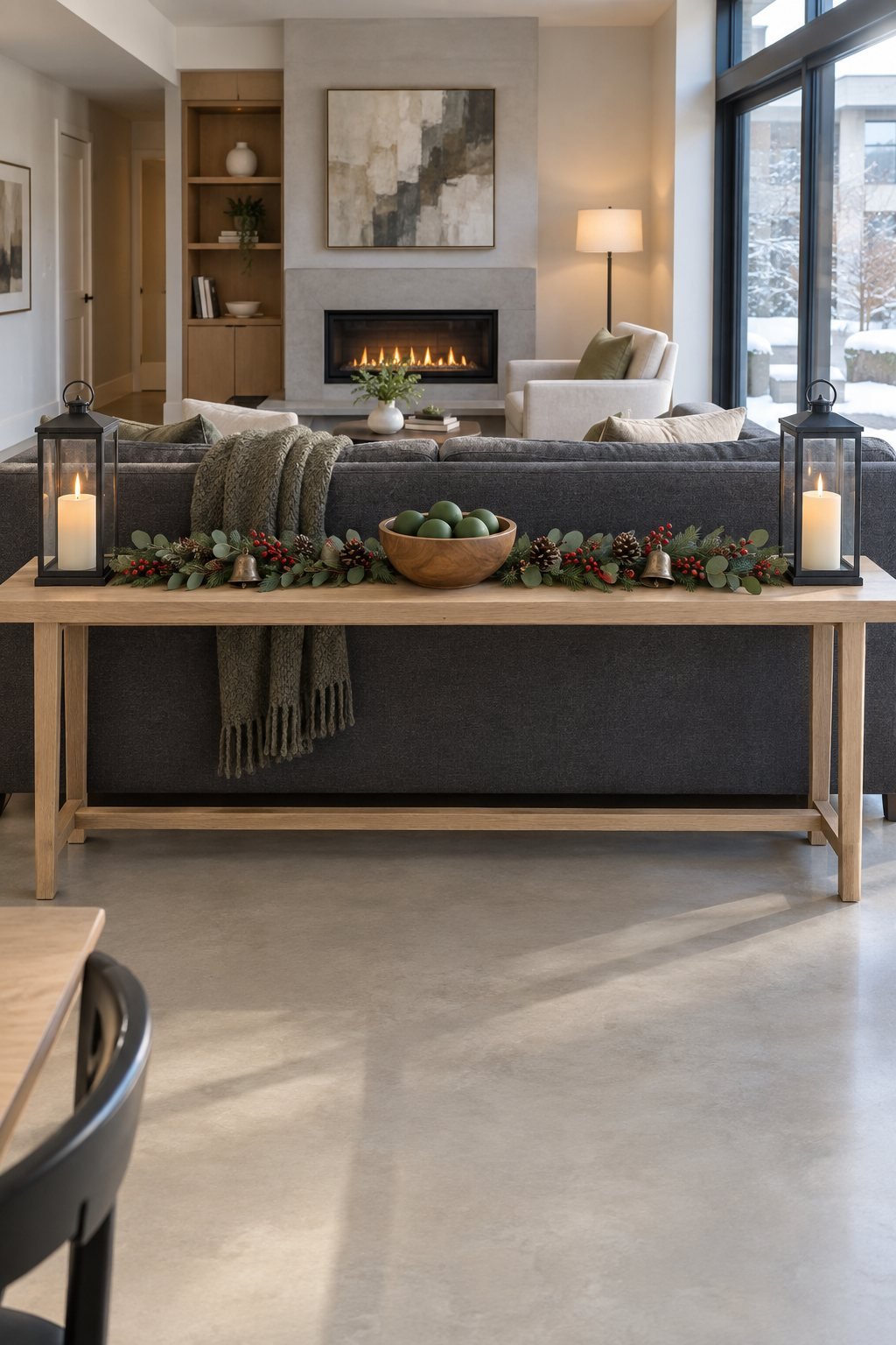 Open-plan Christmas living room: a sofa table behind the sofa with a eucalyptus and red berry garland, two black metal lanterns and a bowl of matte green ornaments