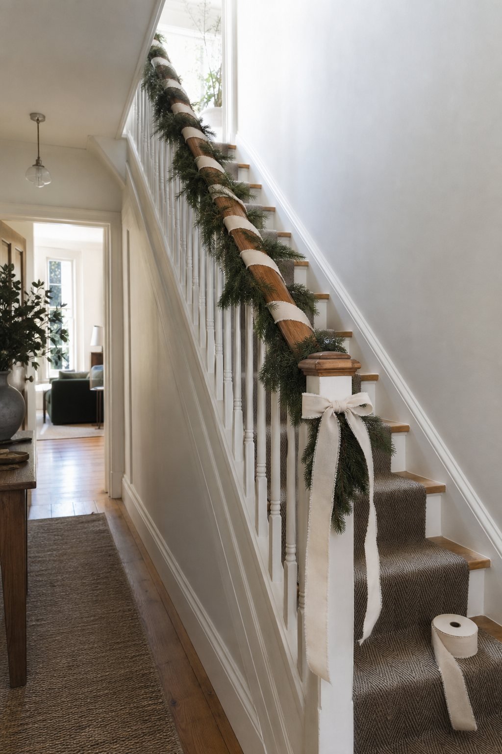 Faux pine Christmas garland tied along an oak stair banister with wide ivory chiffon ribbon spiralled around its full length