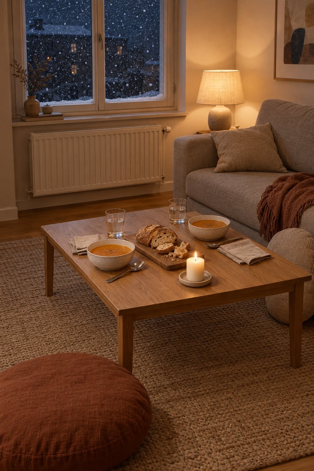 Hygge evening with a friend: a coffee table set simply for two with two bowls, bread on a board and one candle, a floor cushion opposite the sofa and snow falling outside