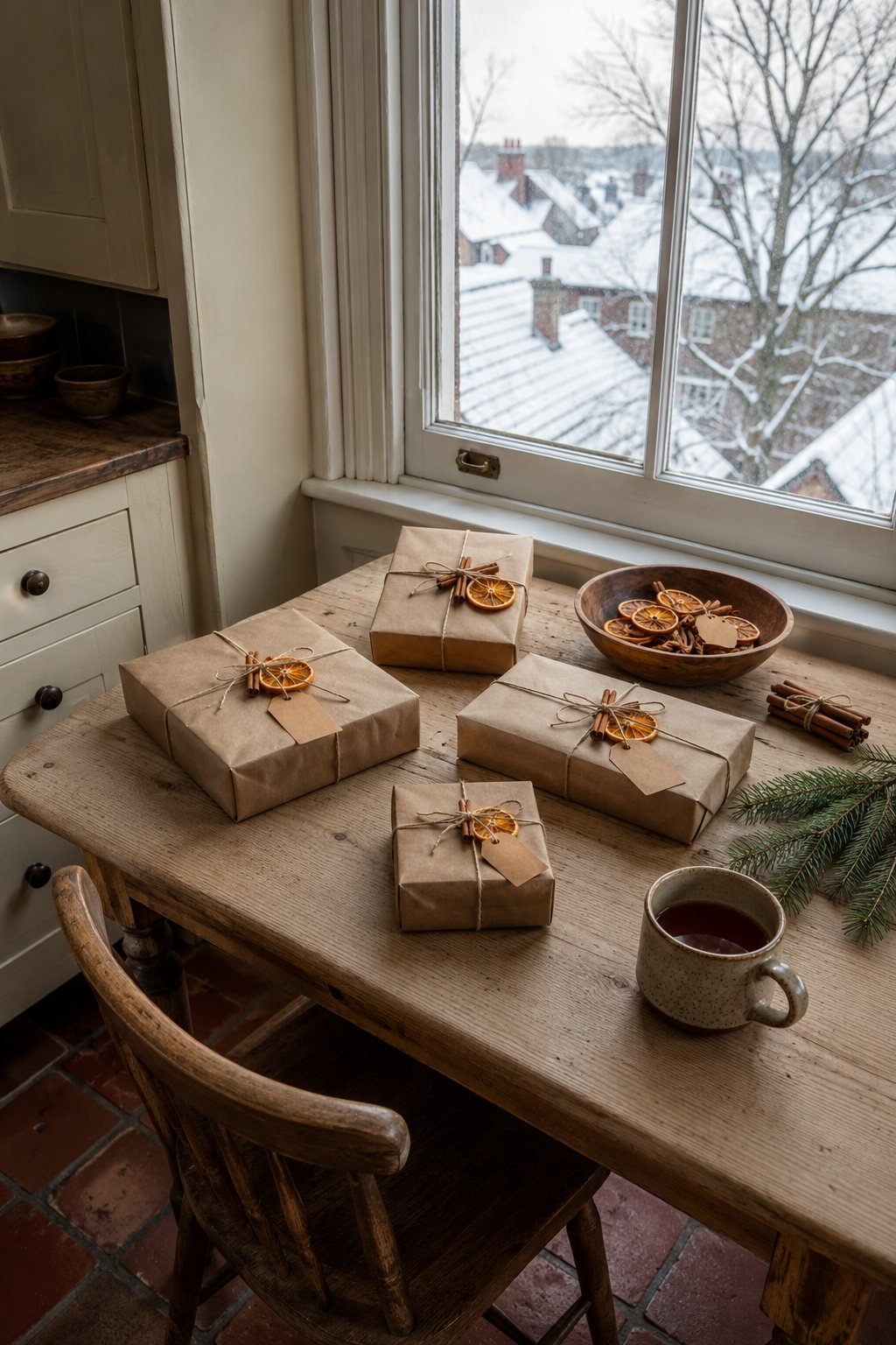 Brown paper Christmas gifts tied with thin twine and topped with a dried orange slice and two cinnamon sticks, on a kitchen table with a pine sprig