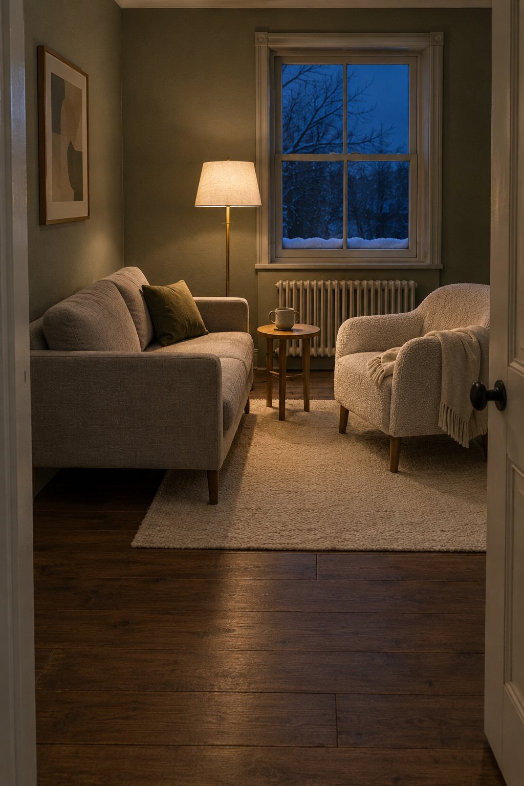 Small living room arranged for January: a sofa pulled off the wall and an armchair turned in to face it around a small wool rug, one floor lamp and a side table between them, snow on the dark window sill