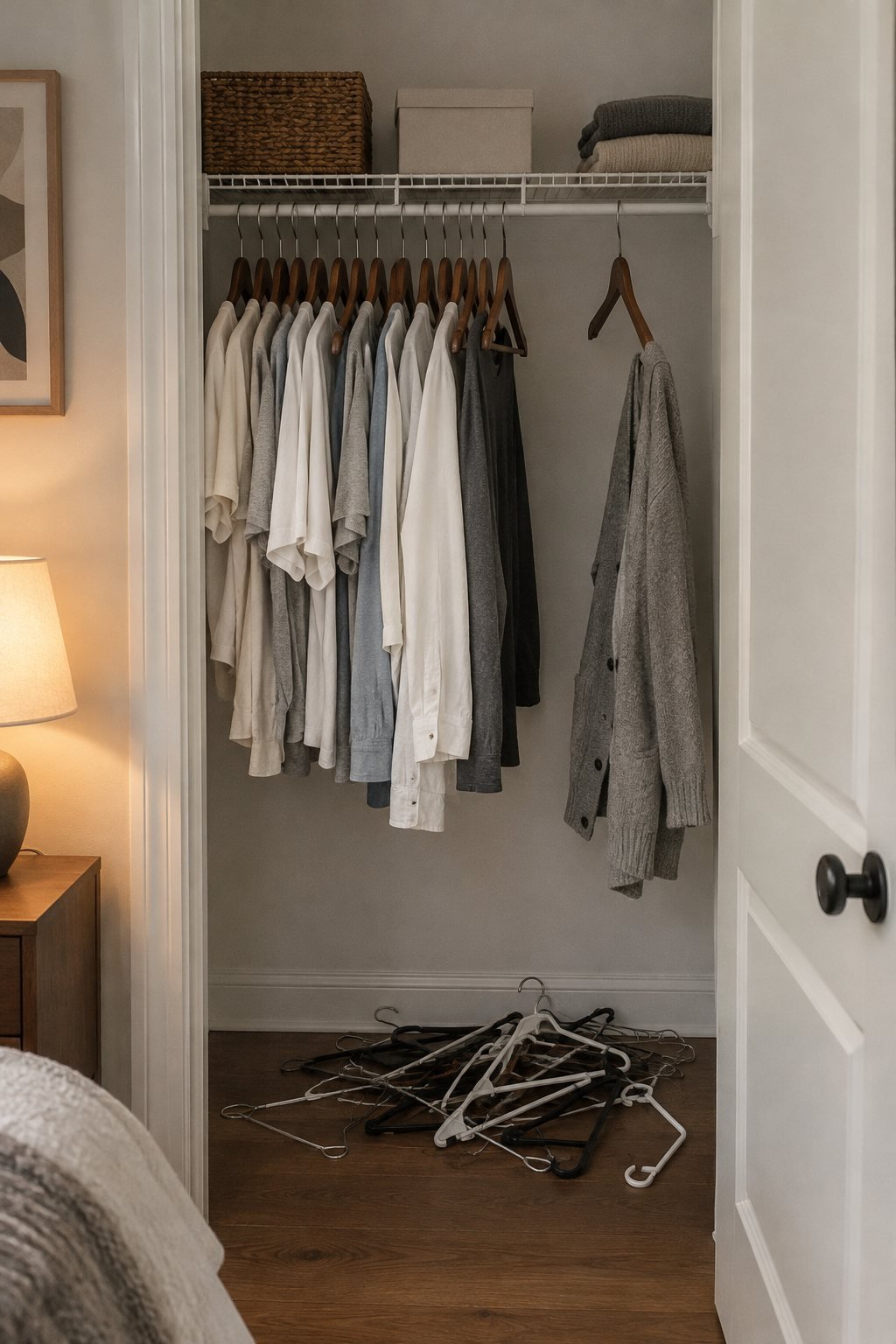 A reach-in closet with matching walnut wooden hangers on one side and a pile of mixed wire hangers on the floor in soft side light