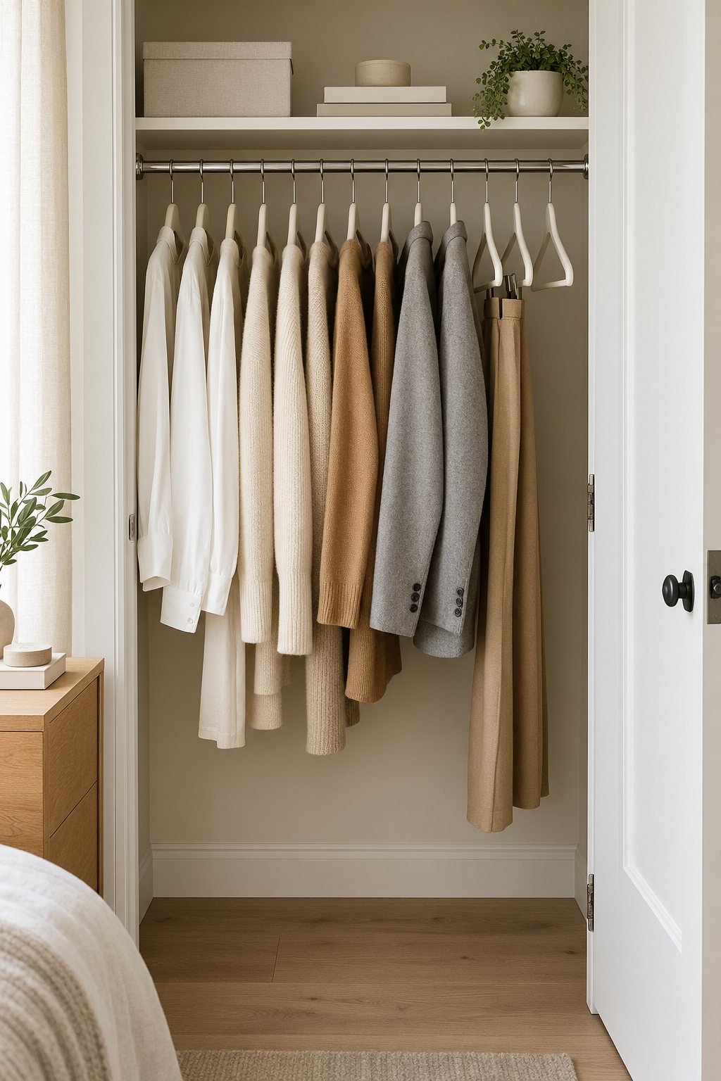 Closet organization with matching slim ivory velvet hangers holding ivory, oat, camel and grey clothes on the rail of a small reach-in closet