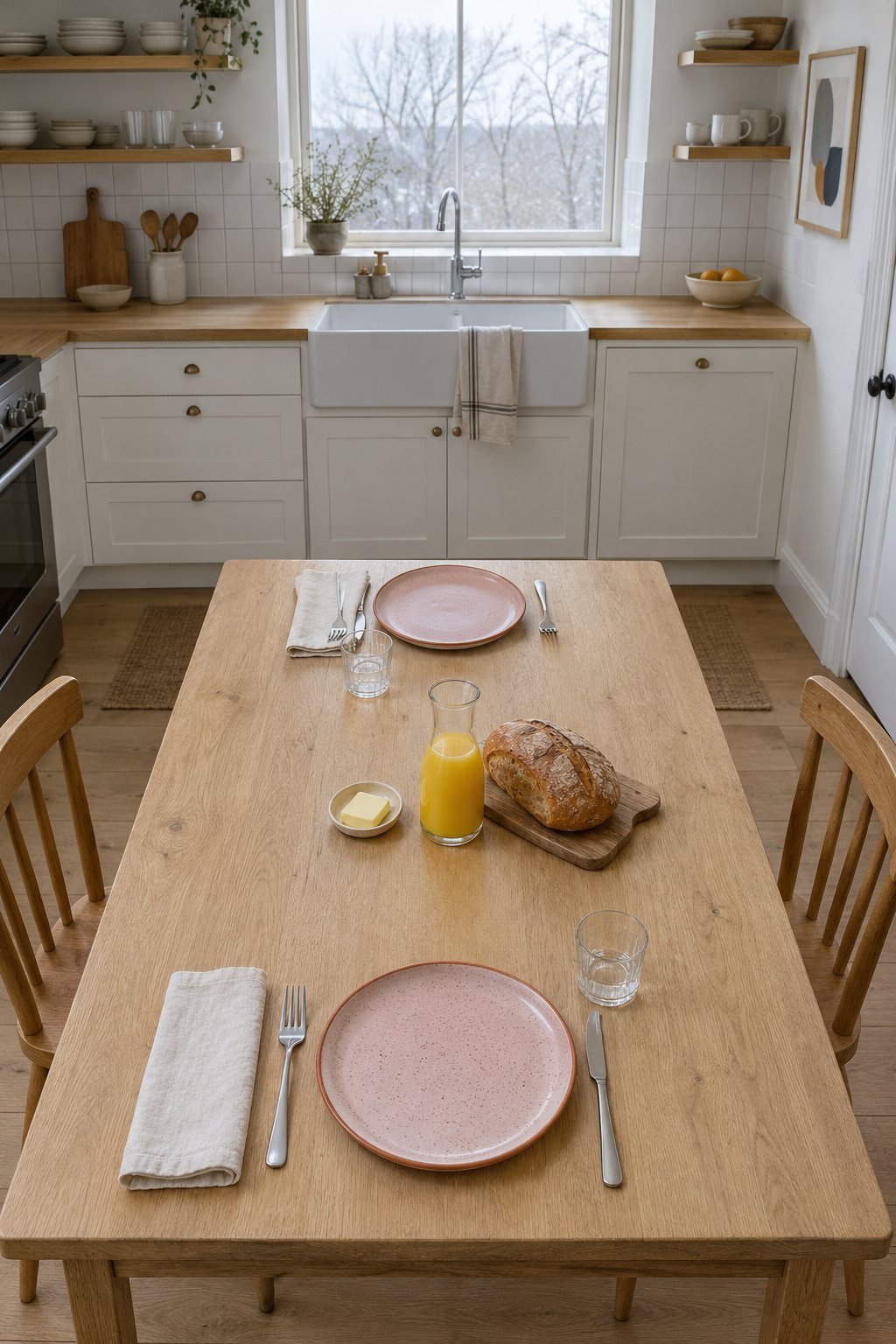 Valentines table setting for brunch with two pink speckled stoneware plates, cream napkins, a glass carafe and a bread board on a bare pale oak kitchen table