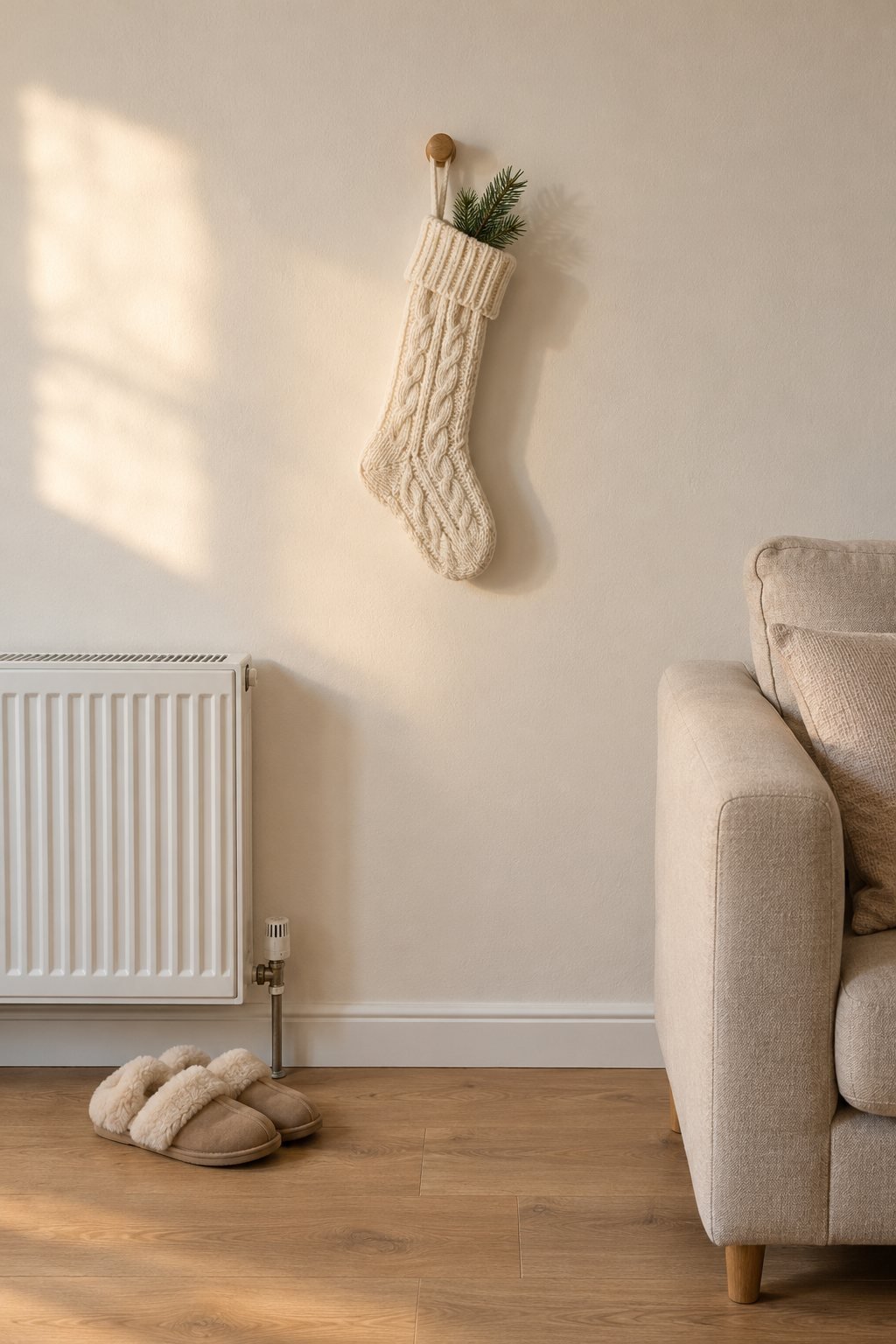 Simple Christmas decor in a rental living room with one ivory cable knit stocking and a pine sprig hanging from a wooden wall peg beside a sofa