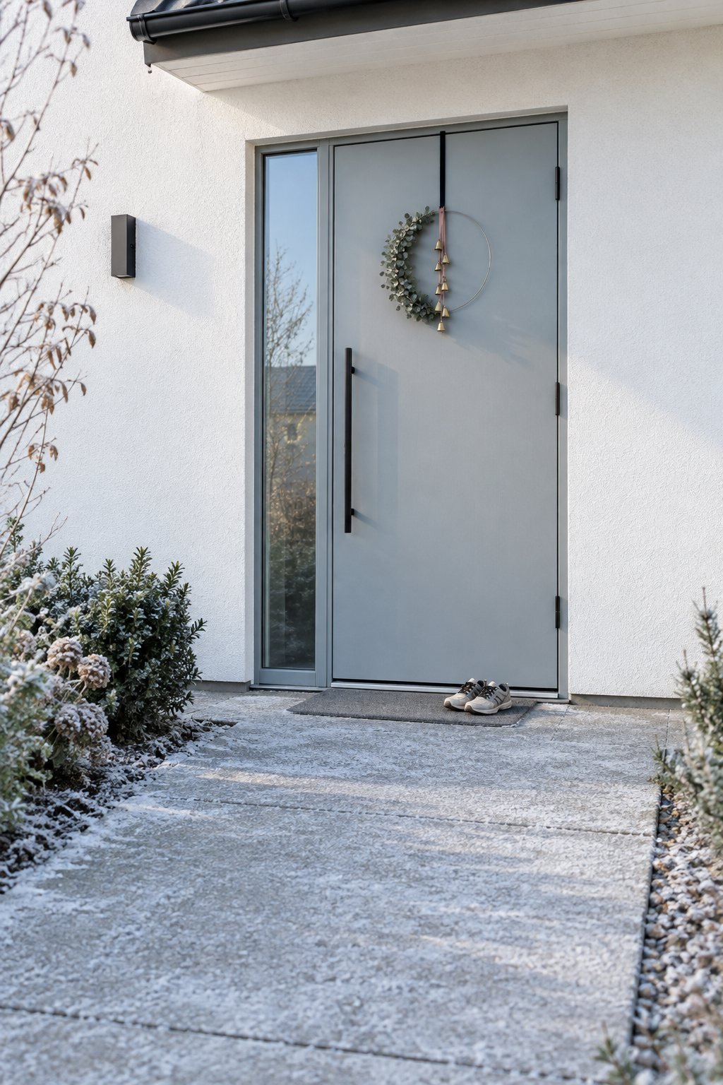 Asymmetrical eucalyptus hoop Christmas wreath with a strand of gold bells on a pale gray-blue front door, hung from a slim black over-door hanger