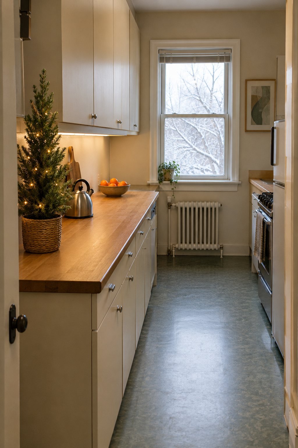 Small potted faux cedar Christmas tree in a woven basket at the end of a butcher block counter in a galley kitchen with a few warm white lights