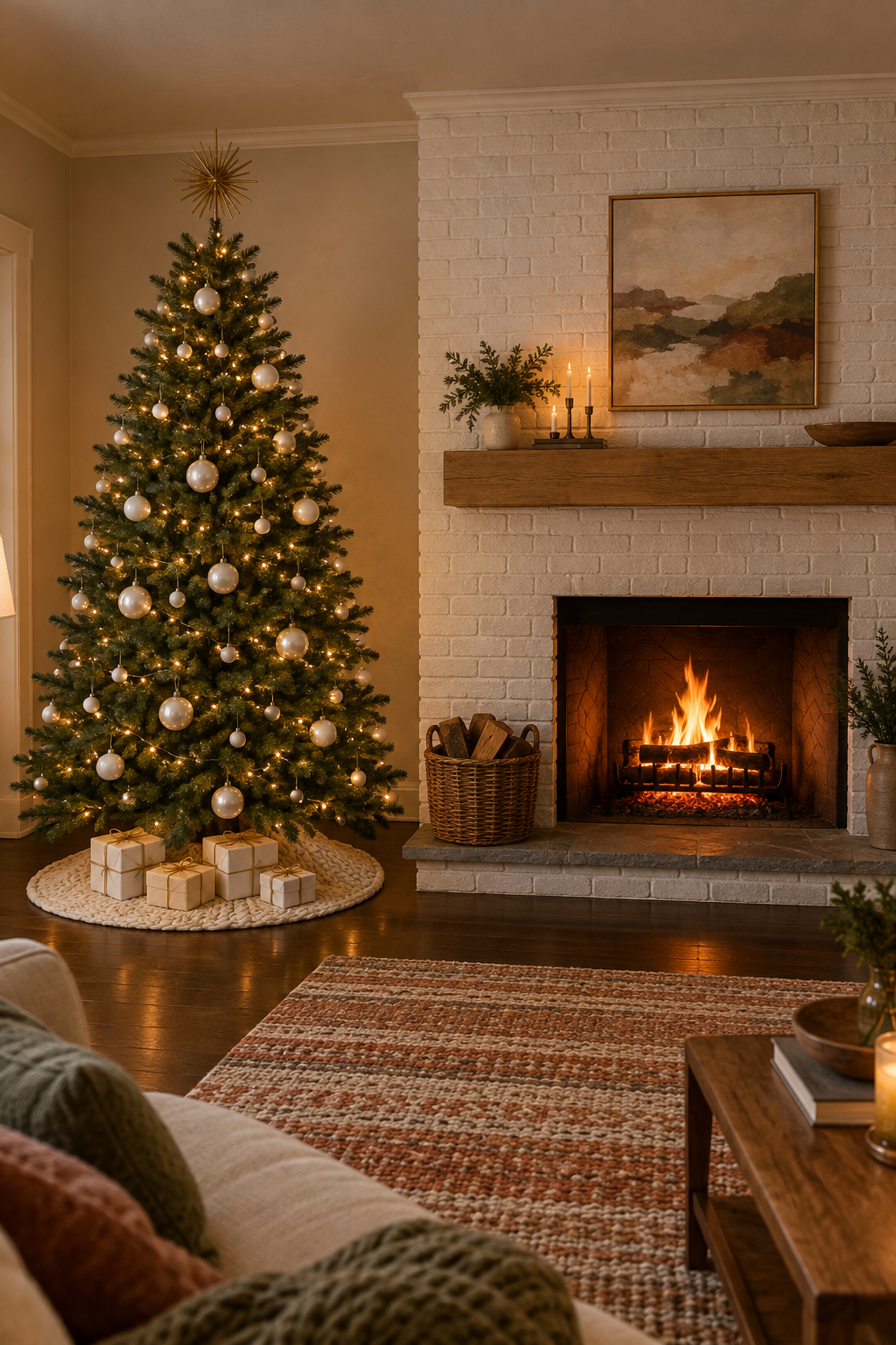 Green Christmas tree decorated all in white beside a fireplace: large pearly white glass baubles, an antique gold starburst tree topper, warm white lights and an ivory cable knit tree skirt