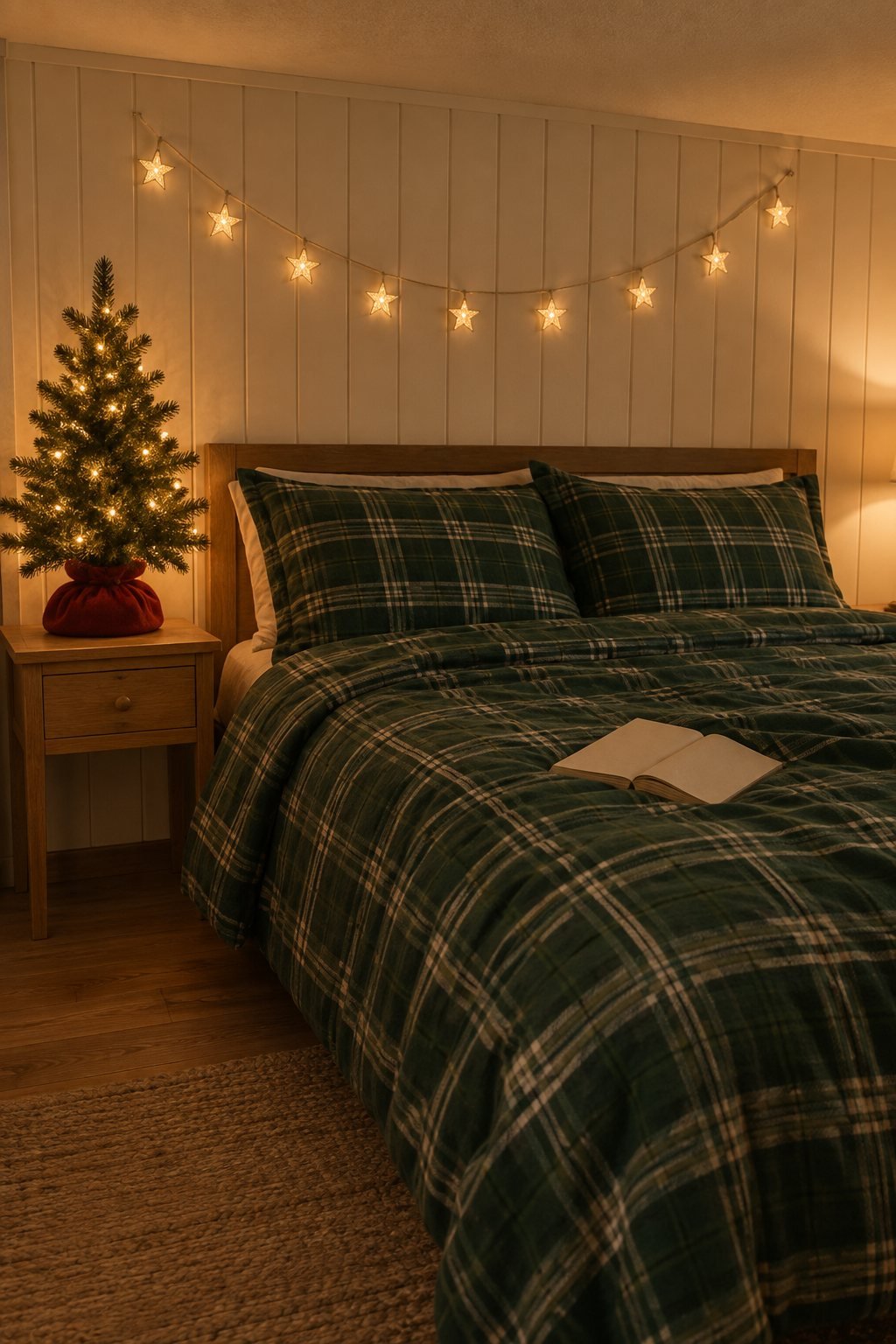 Cozy Christmas bedroom with a pine green plaid flannel duvet cover, a lit tabletop Christmas tree on the nightstand and star string lights over the headboard