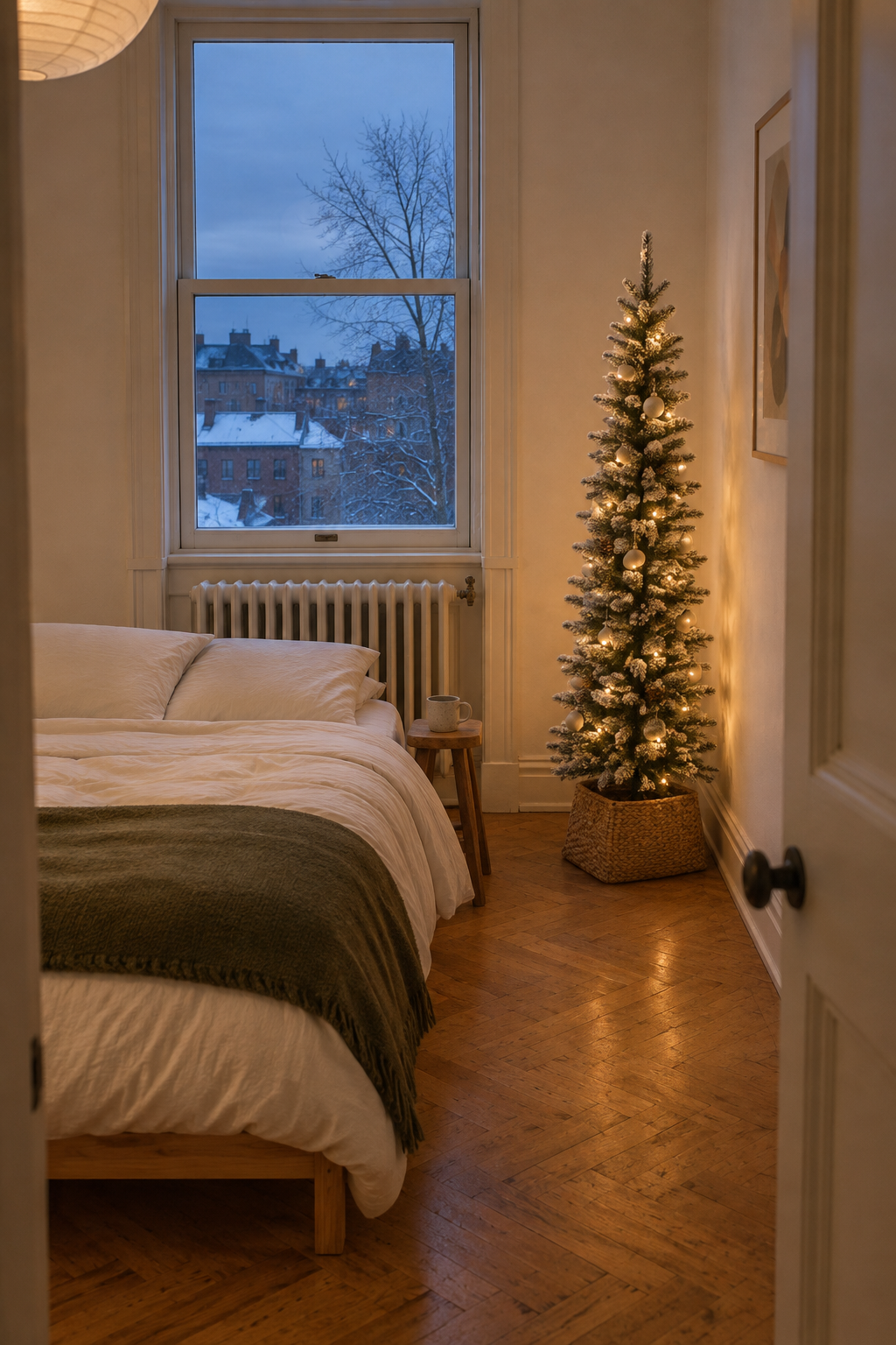 Small apartment Christmas bedroom with a slim pre-lit pencil tree with flocked tips and pinecones in a square woven tree collar in the corner beside the bed