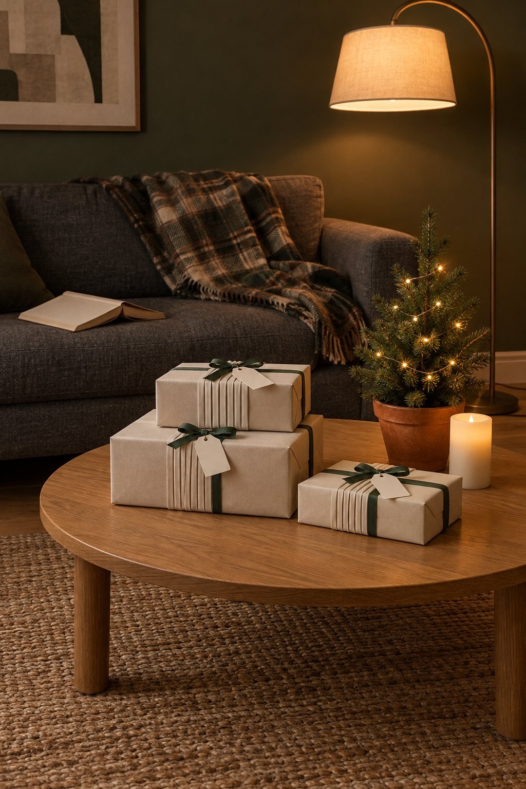Off white paper Christmas gifts with a band of sharp pleats across the front and a thin deep green ribbon, stacked on a coffee table beside a small potted evergreen