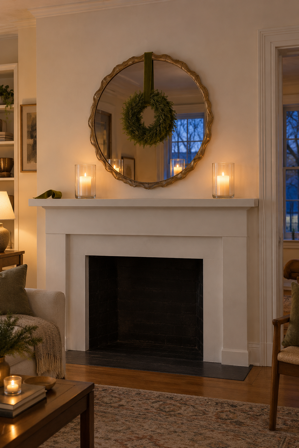 Christmas mantle with a 36 inch round antique gold wavy mirror above, a small cedar wreath hung over the glass on ribbon and two glass hurricanes with pillar candles on a white mantel