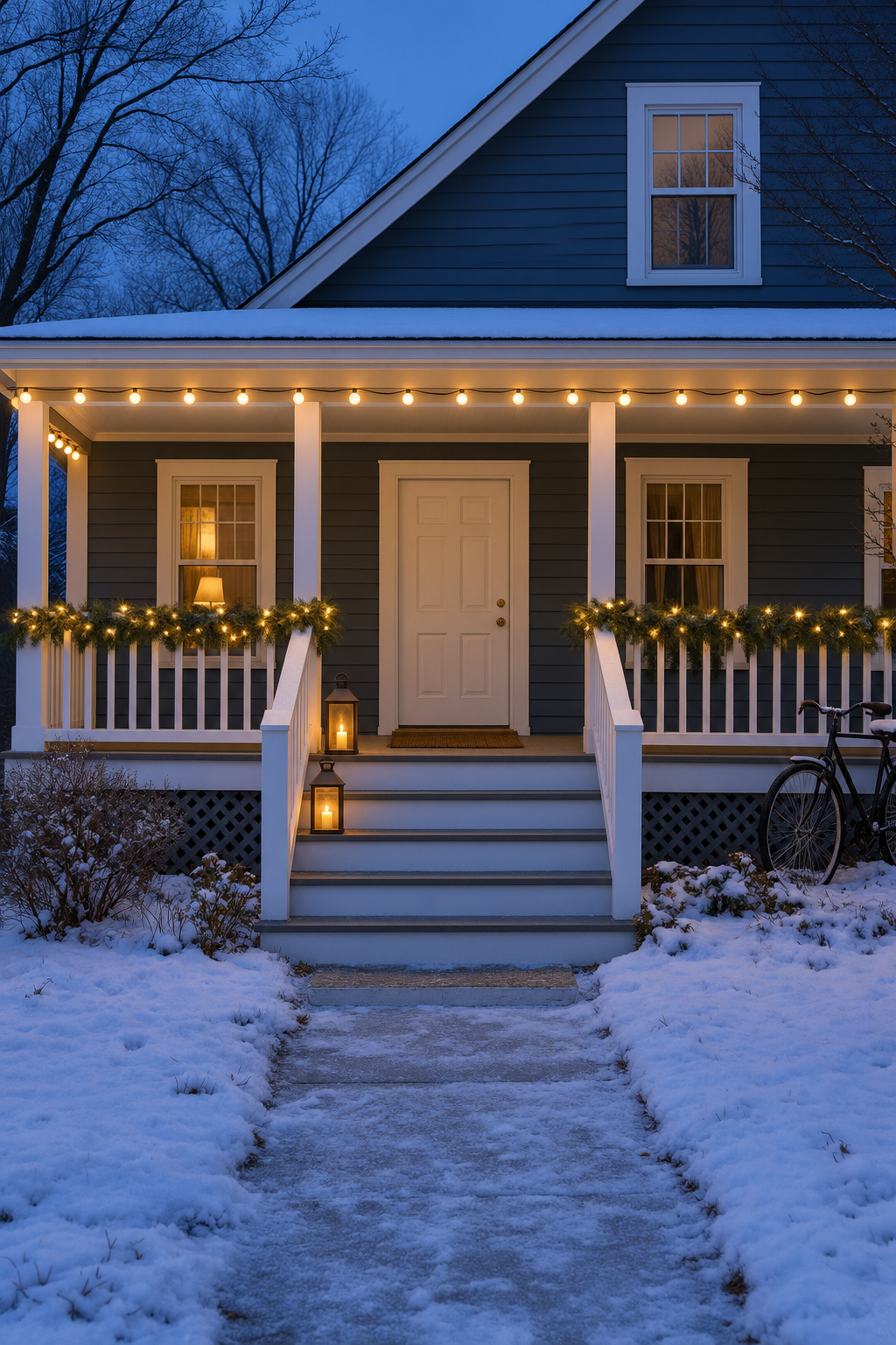 Christmas porch decorating ideas at blue hour: a lit fir garland along a white porch railing, warm globe string lights under the eave and two solar lanterns glowing on the front steps