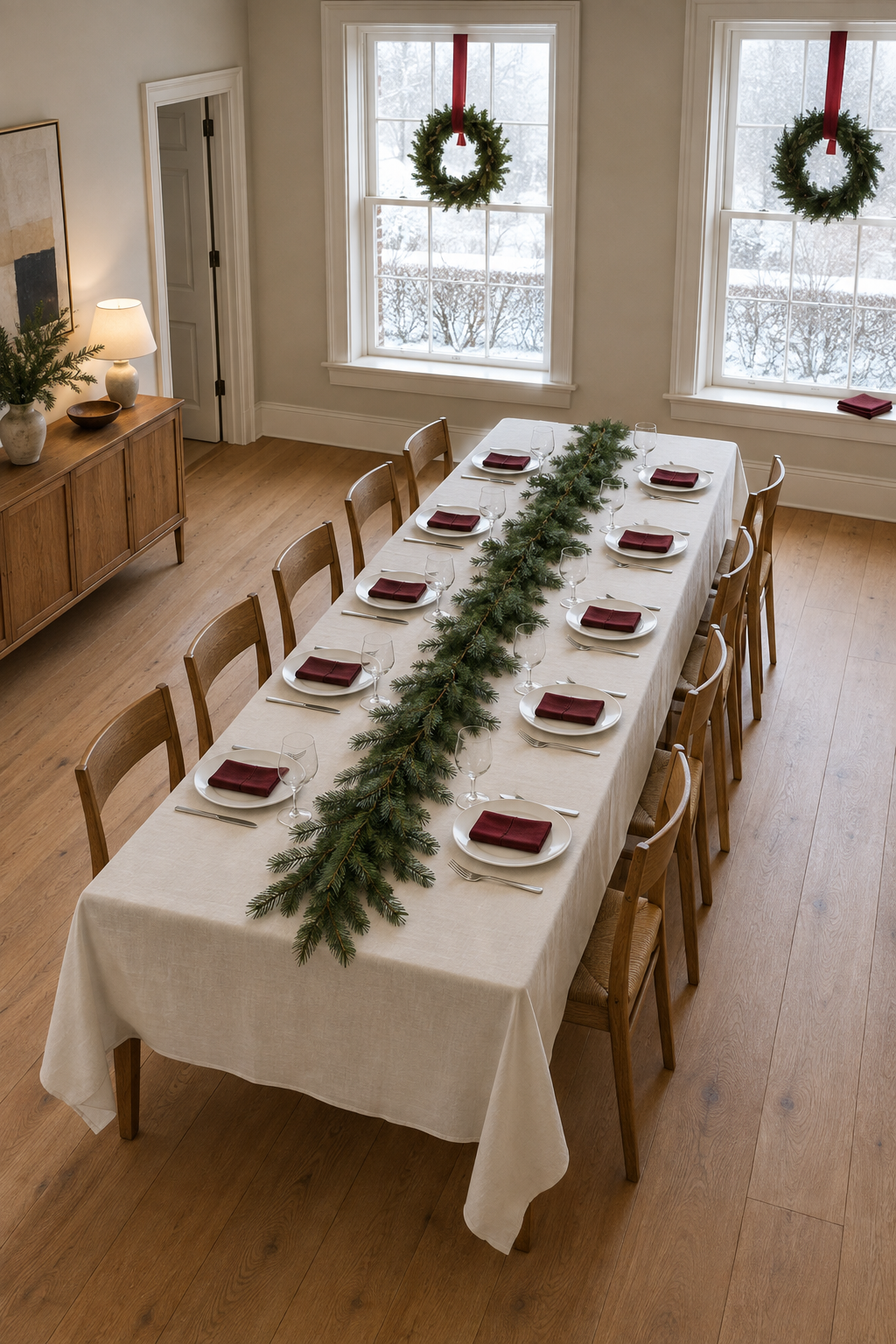 Christmas dining table decor for ten with a long ivory tablecloth, white porcelain plates, burgundy linen napkins and a pine garland running the full length of the table
