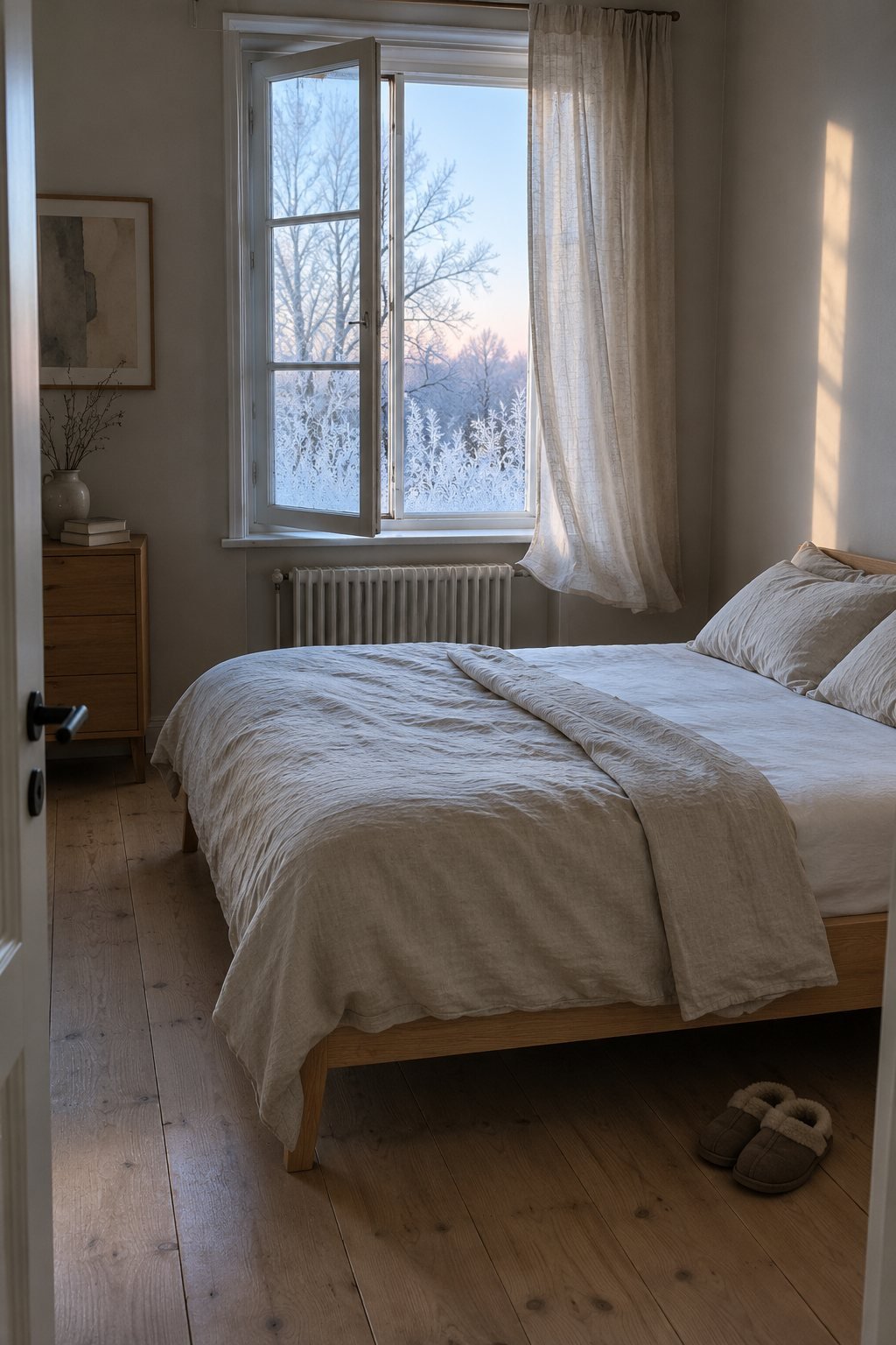 Winter morning habit in a small bedroom: a window open a hand's width on a frosty morning, a linen curtain lifted by the air and oat linen bedding folded back