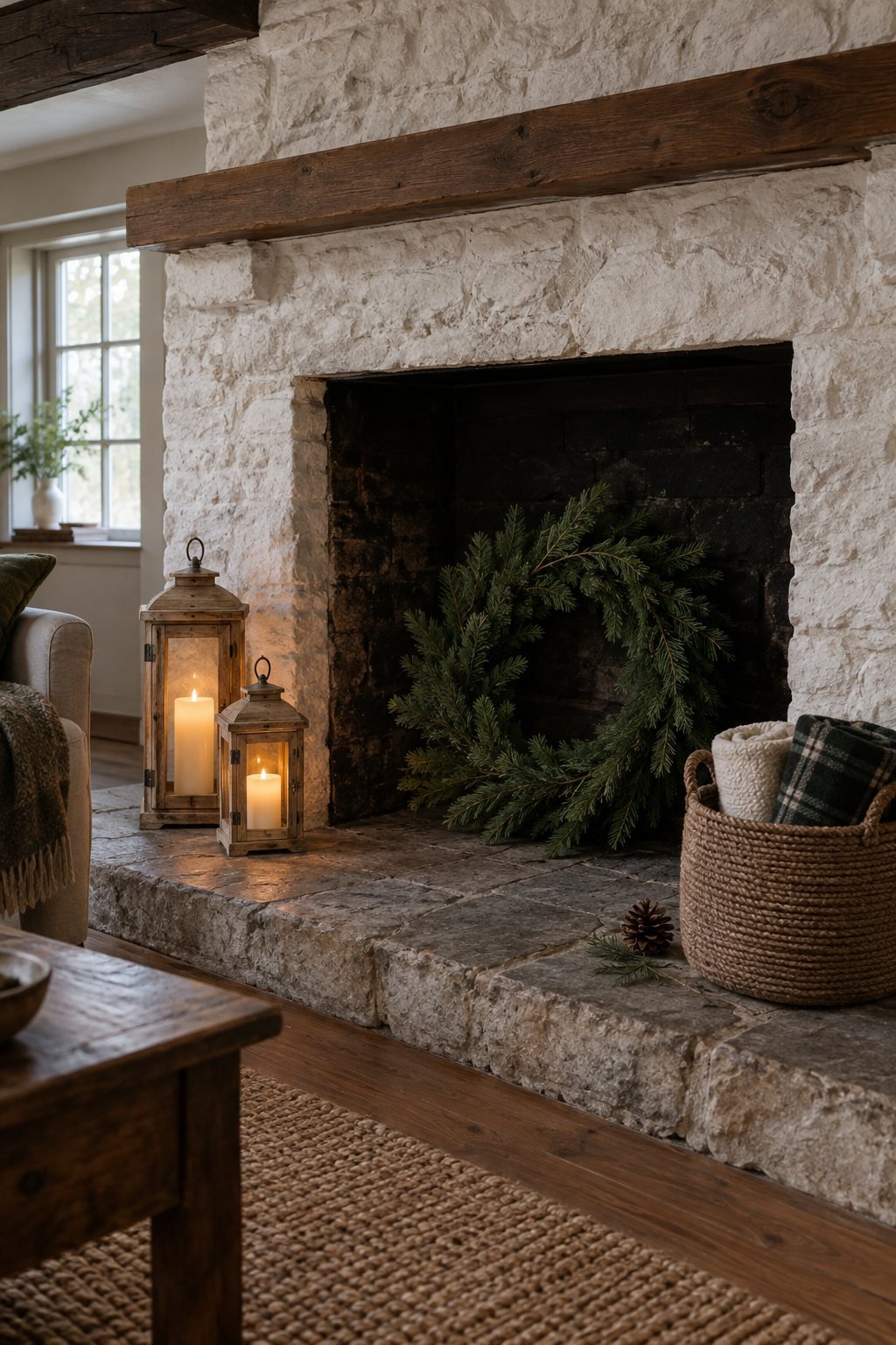 Christmas fireplace hearth in a living room: two wood lanterns with lit flameless candles, a rope basket of rolled throws and a pine wreath leaning in the firebox