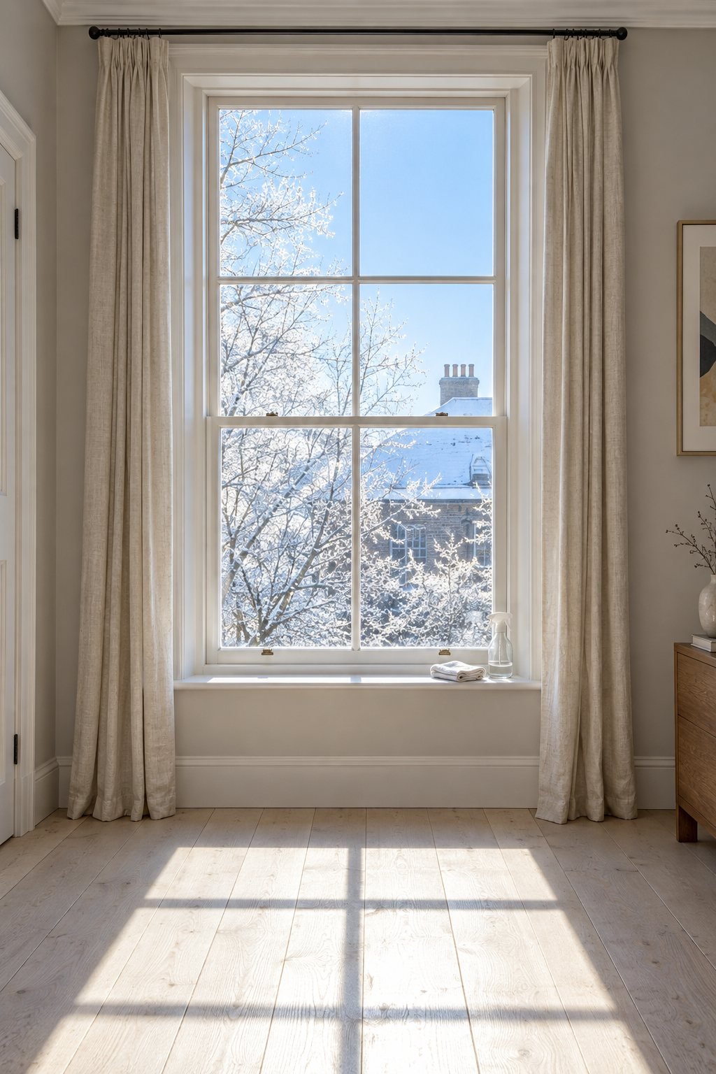 January decor after Christmas at a tall sash window: clean glass, linen curtains pushed fully back, a cleared sill and a bright rectangle of low winter sun on the floorboards, frosted branches outside