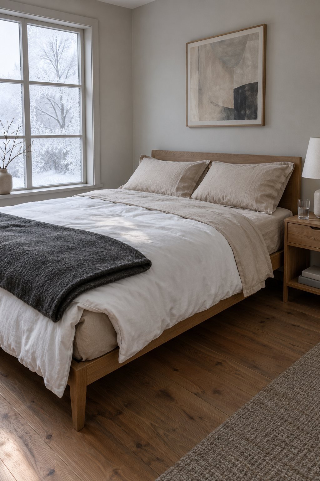 Bed made with sand cotton flannel sheets, top sheet folded back over a white duvet, charcoal wool blanket at the foot, frost on the bedroom window