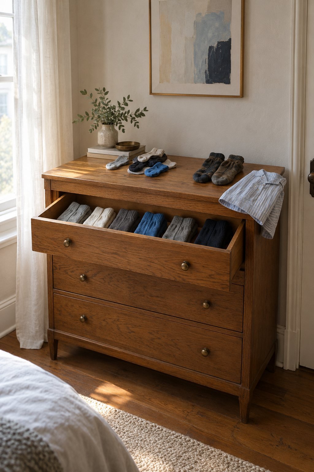 An open dresser drawer with paired socks and a small pile set aside in morning light