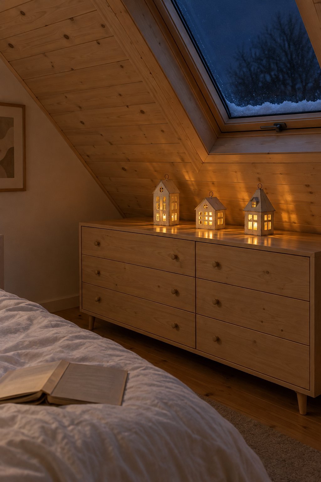 Minimalist Christmas bedroom with three white tin house lanterns glowing with flameless tealights on a pine dresser under a sloped attic ceiling