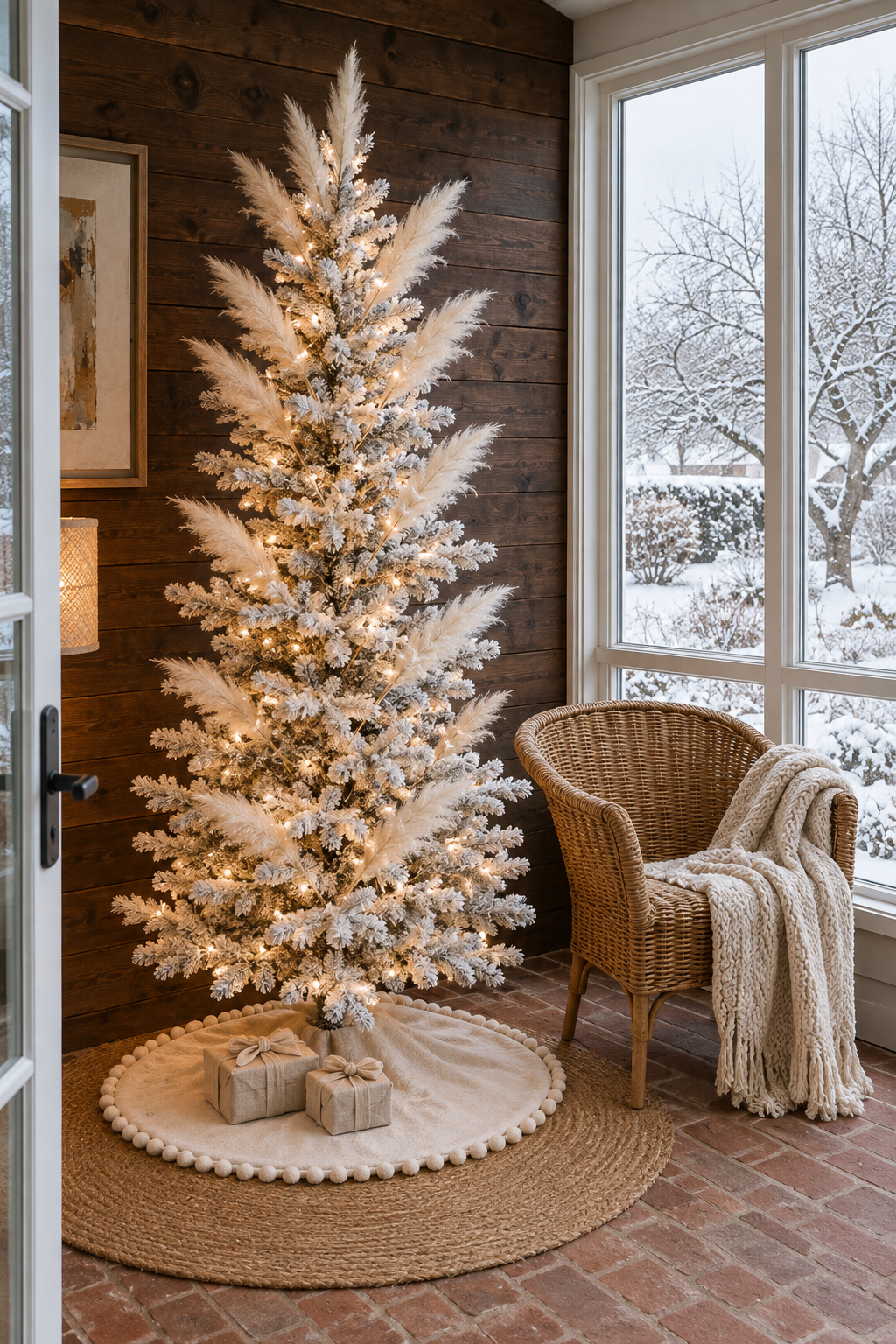 White Christmas tree in a sunroom with white pampas grass plumes tucked into the branches, warm white lights, no baubles and an ivory linen tree skirt with pom pom trim