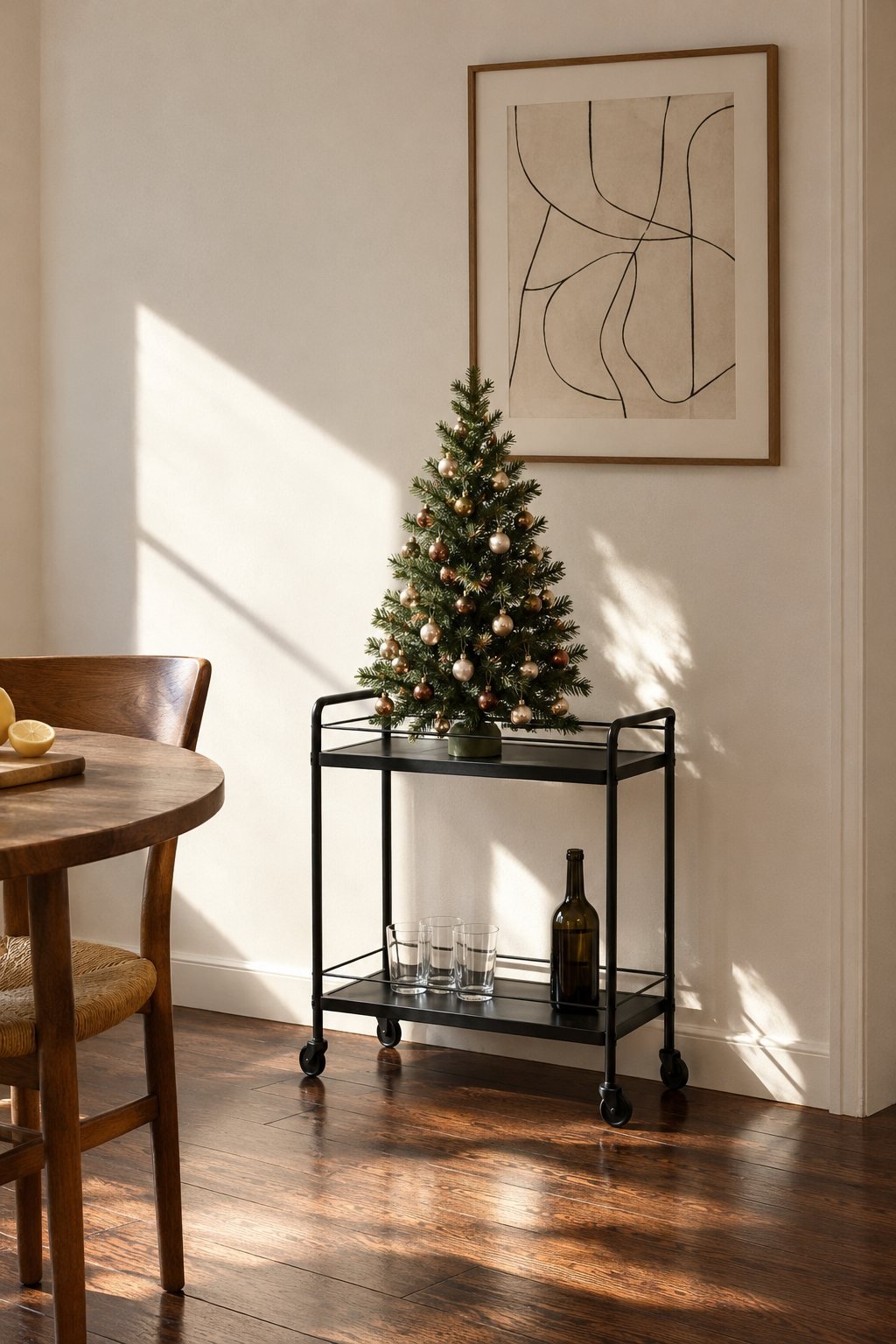 Small tabletop Christmas tree on the top shelf of a black bar cart covered in tiny shiny champagne glass baubles with glasses on the shelf below