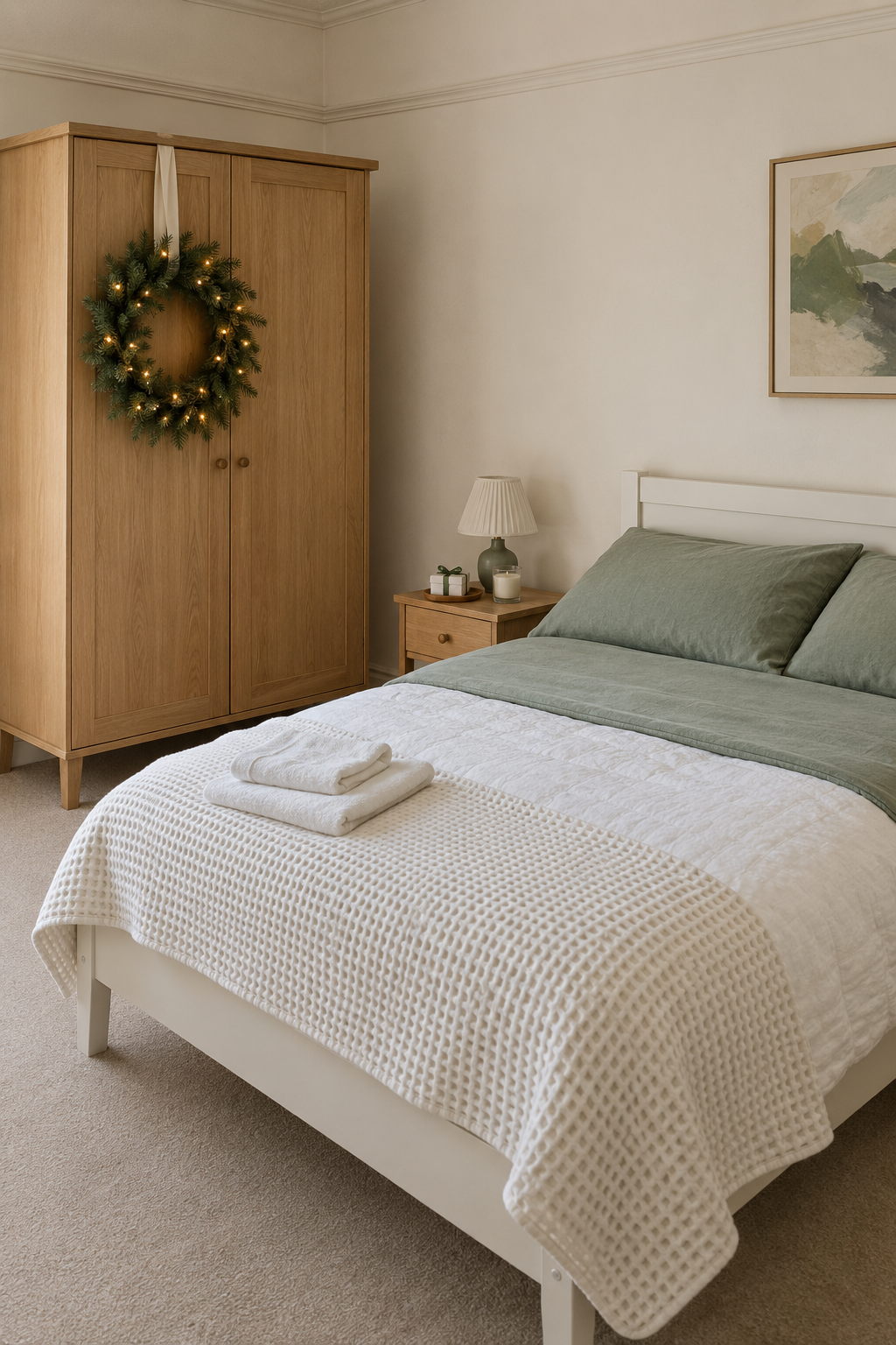 Christmas guest bedroom with sage green flannel sheets, a white waffle throw across the foot of the bed and a lit Norfolk pine wreath on a pale oak wardrobe door