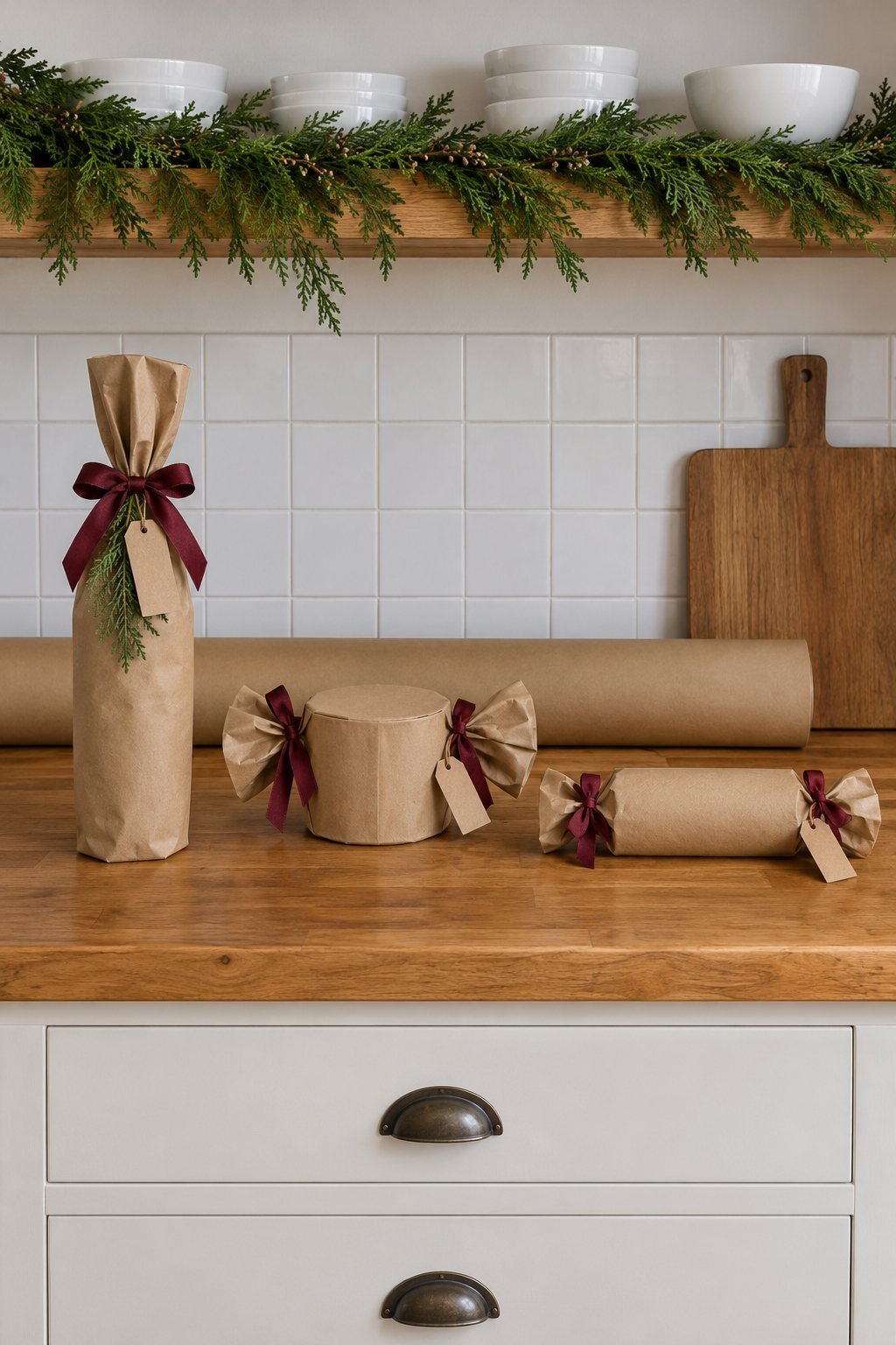 A bottle rolled in brown kraft paper and tied at the neck with burgundy ribbon and cedar, beside a tin wrapped like a cracker, on a kitchen counter at Christmas