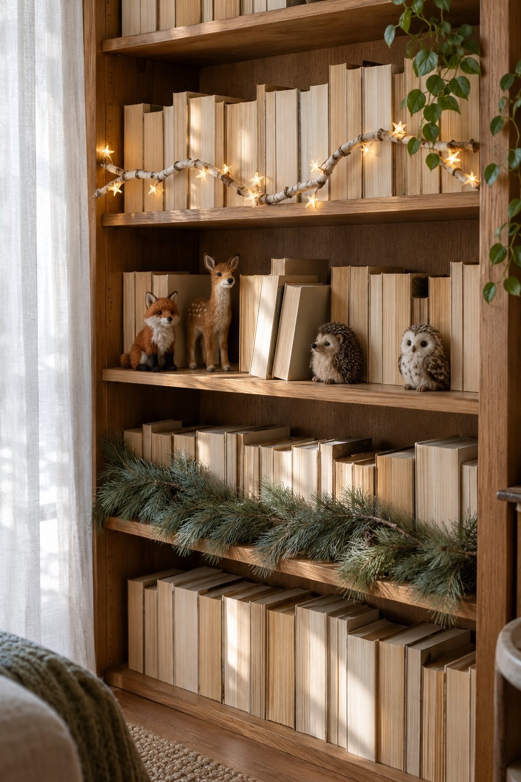 Woodland Christmas decor on a living room bookshelf with a long-needle pine garland, a birch branch garland with star lights and small plush forest animals
