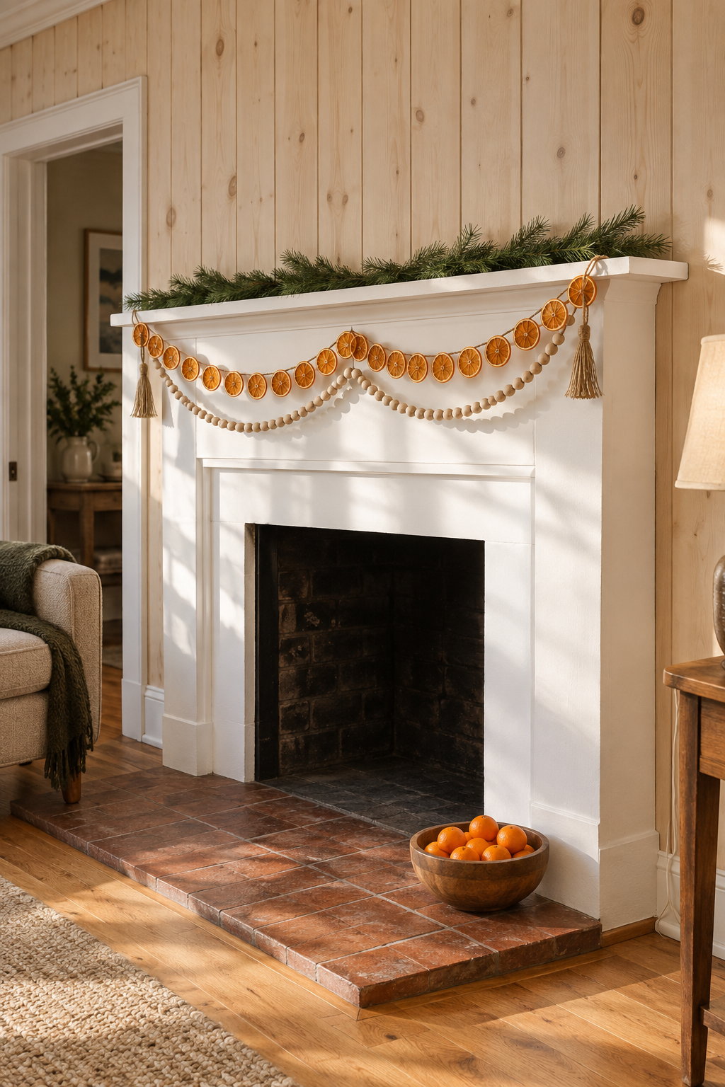 Natural Christmas mantle with a faux dried orange slice garland and a wood bead garland with tassels swagged along a white mantel over a few pine sprigs