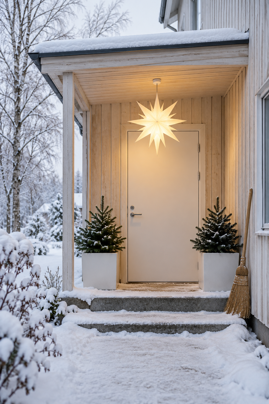 Scandinavian Christmas porch decor: one lit white star hanging above a white door, two white square planters with small evergreens on a covered pale wood entry, snow on the step