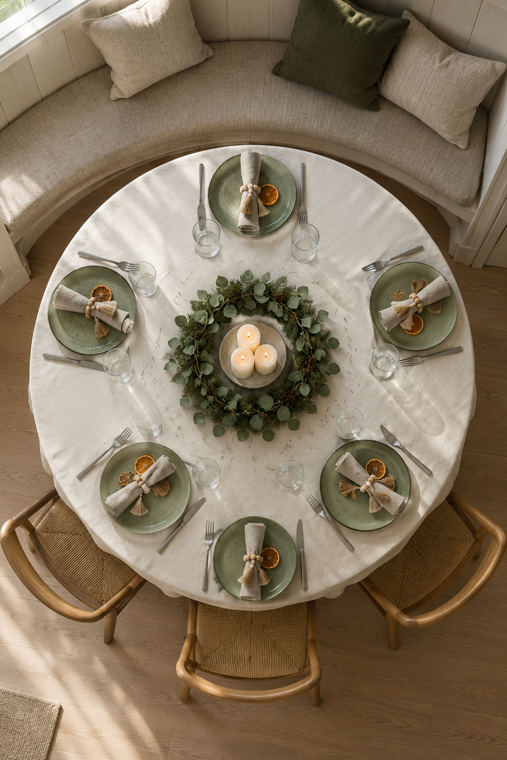 Round Christmas table decor for six with an ivory tablecloth, sage green speckled stoneware plates, wood bead napkin rings, a low ring of eucalyptus and pine and dried orange slices