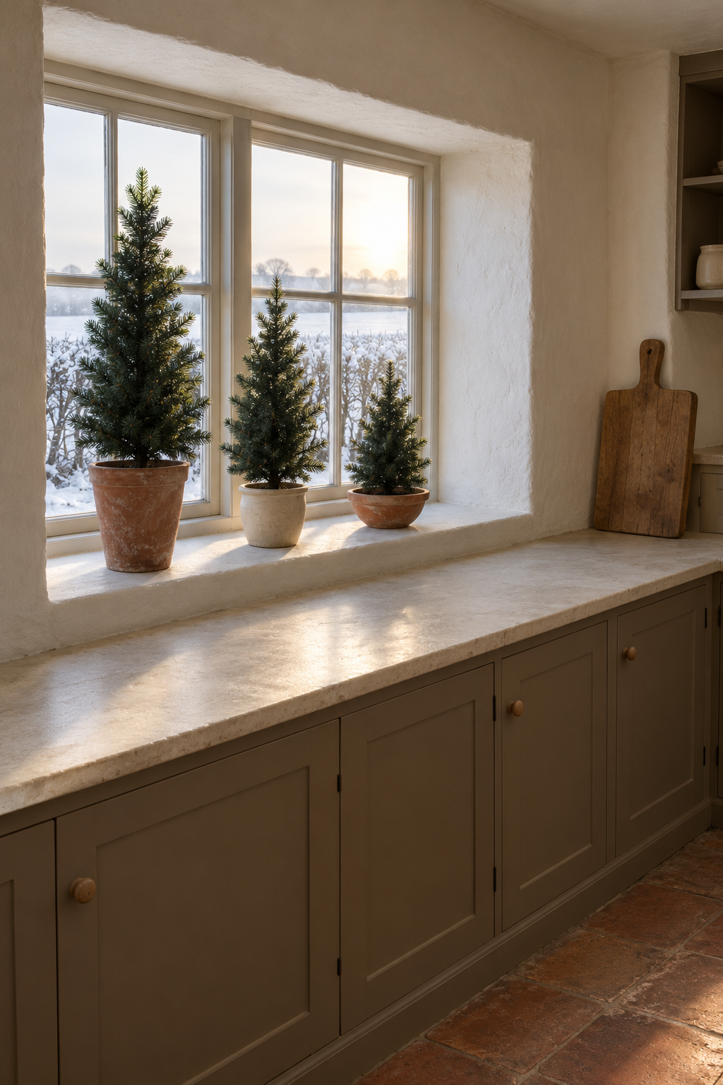 Christmas kitchen windowsill with three small unlit pine trees in plain pots of different heights in a cottage kitchen with mushroom cabinets and a terracotta tile floor