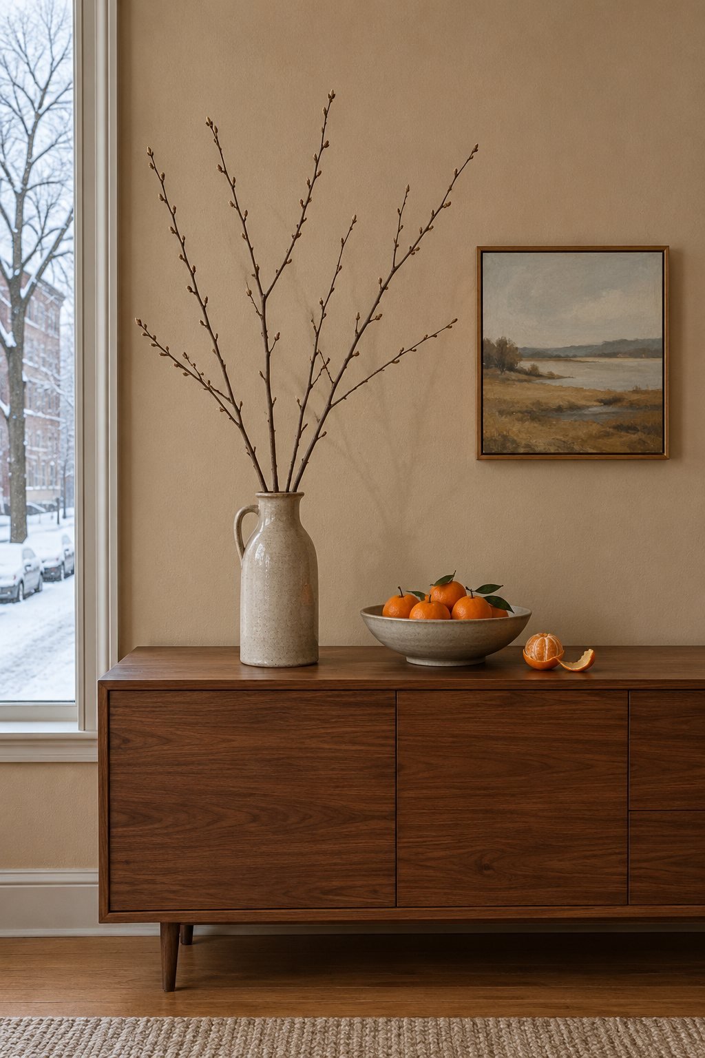 Natural hygge decor for winter: a stoneware jug of tall bare branches and a bowl of clementines on a sideboard against a sand-colored wall, a snowy street outside