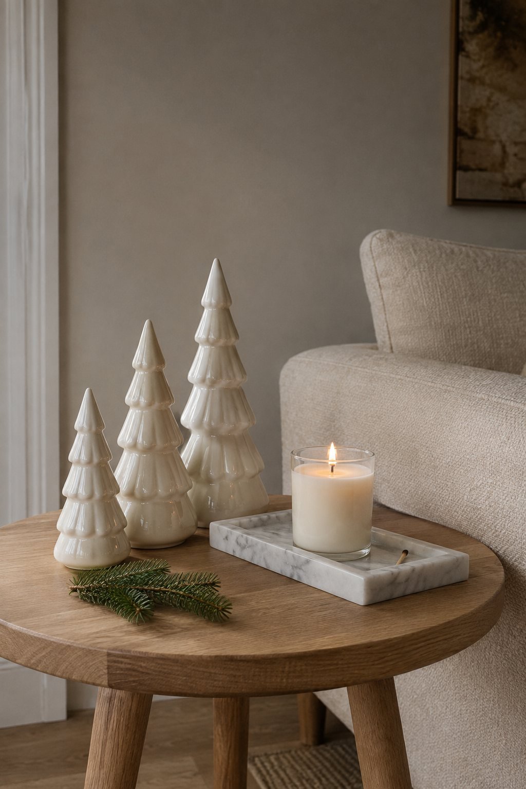 Christmas side table decor in a living room: three ivory ceramic trees in three heights beside a lit candle on a white marble tray