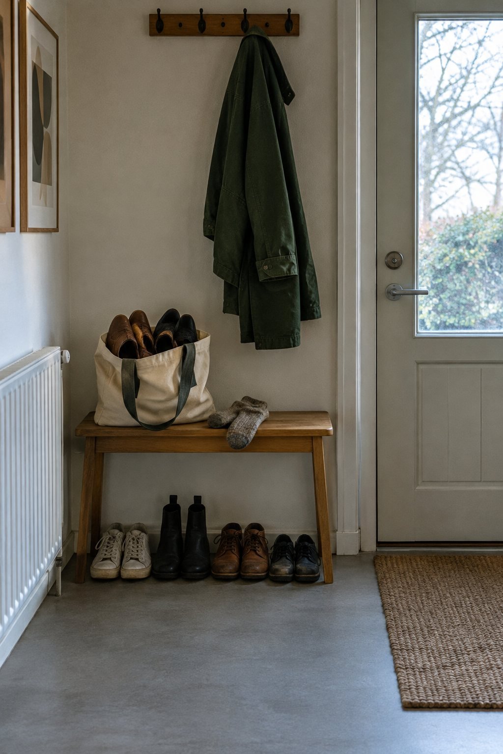A small entryway with a bench, shoes lined by the door and a few pairs in a tote ready to go in cool daylight from the door