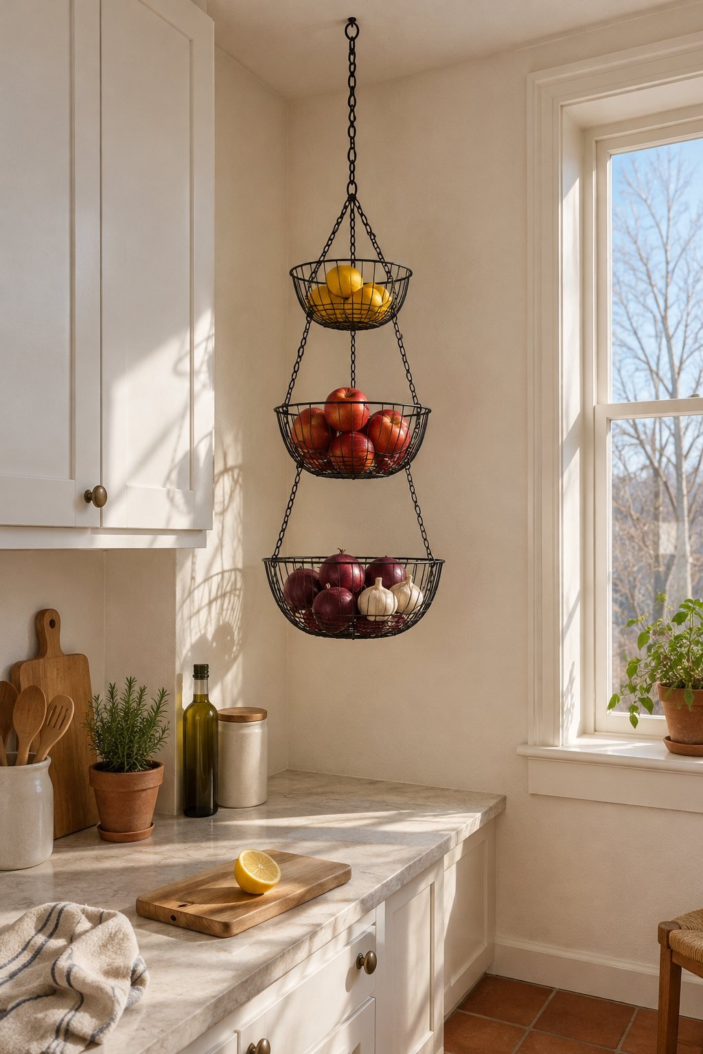 A three-tier matte black hanging fruit basket with lemons, apples and onions over the counter in a small kitchen corner
