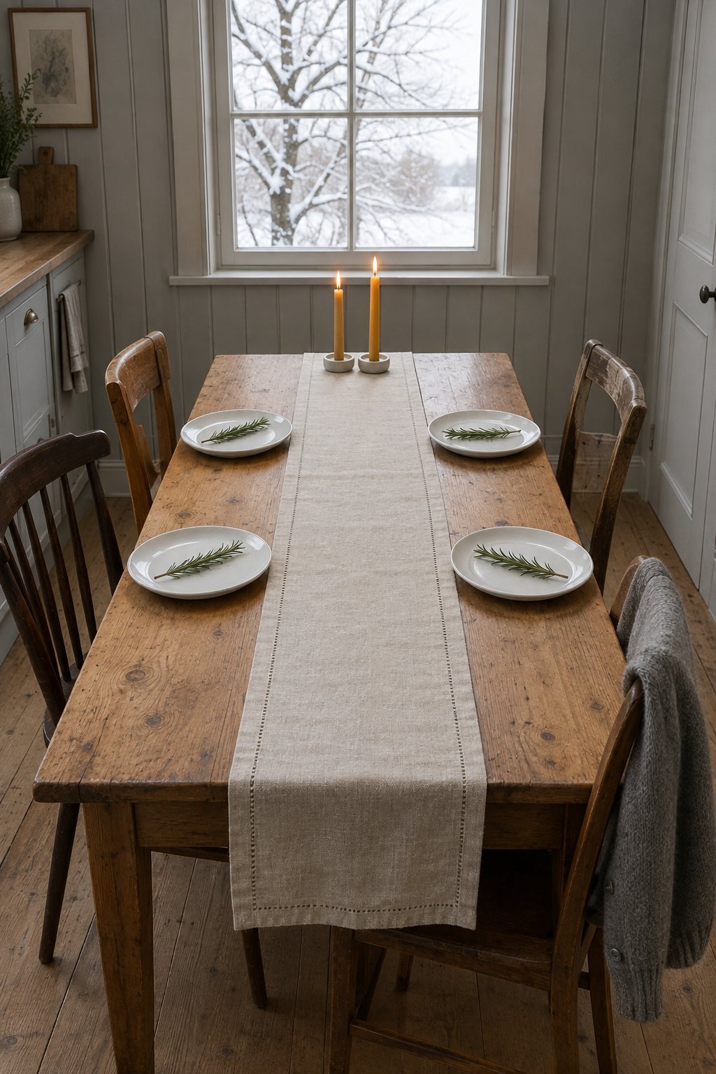 Simple Christmas table with a natural linen runner on a bare pine table, white plates each with a green sprig and two beeswax taper candles at one end