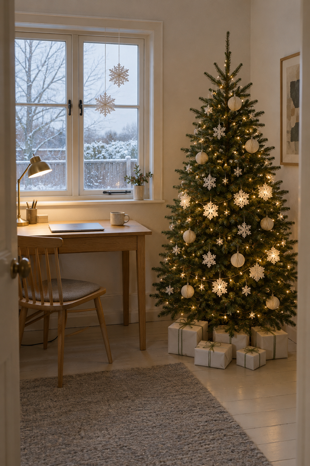 Green Christmas tree decorated in white paper in a home office: cream honeycomb paper ball ornaments, white 3D paper snowflakes and a lit paper snowflake string