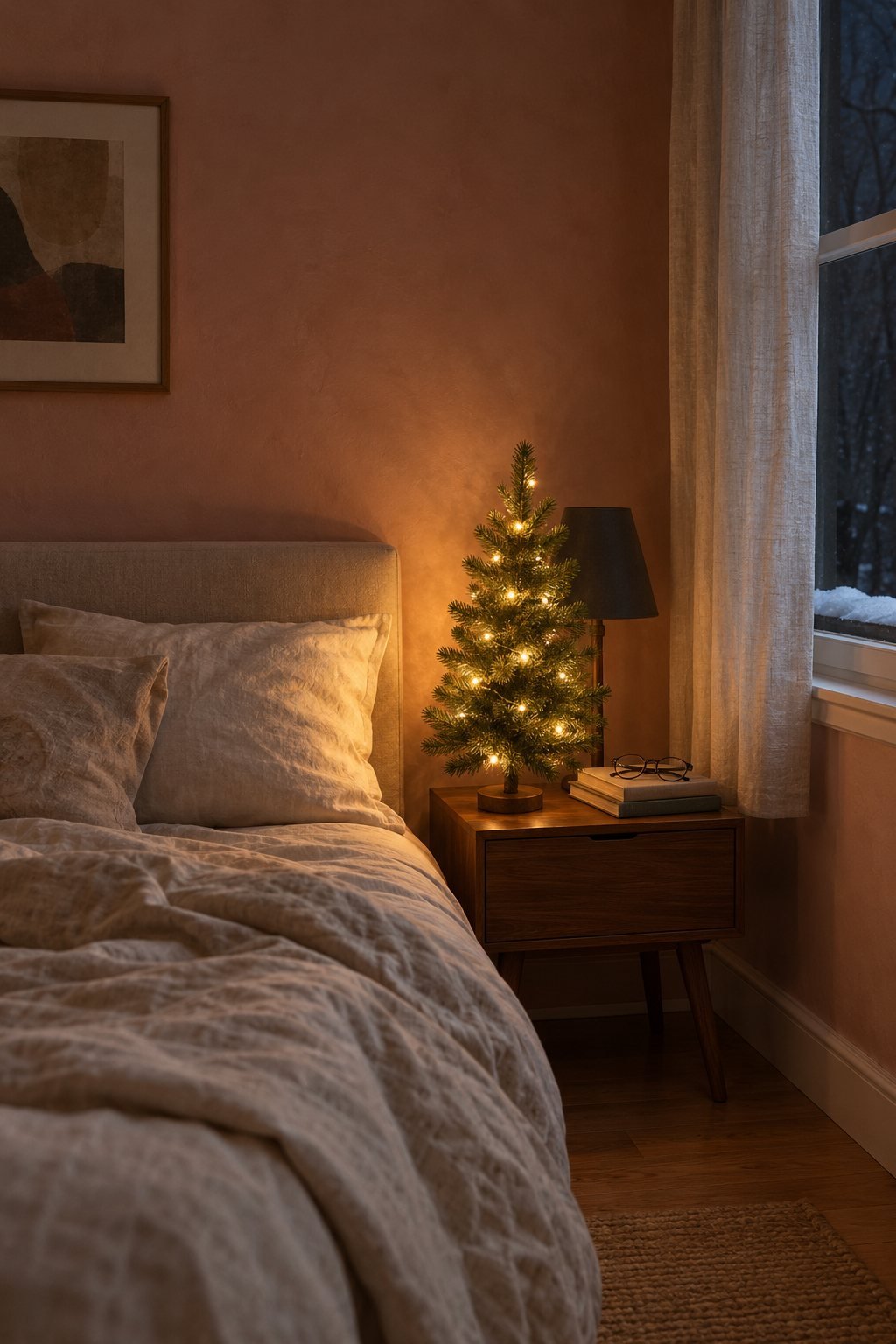 Small Christmas tree with warm white lights glowing on a walnut nightstand beside an unmade linen bed in a small bedroom corner