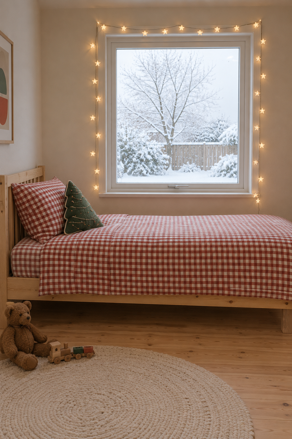 Kids' Christmas bedroom with a brick red gingham duvet cover on a twin bed, a green tree-shaped pillow and warm white star string lights around the window frame