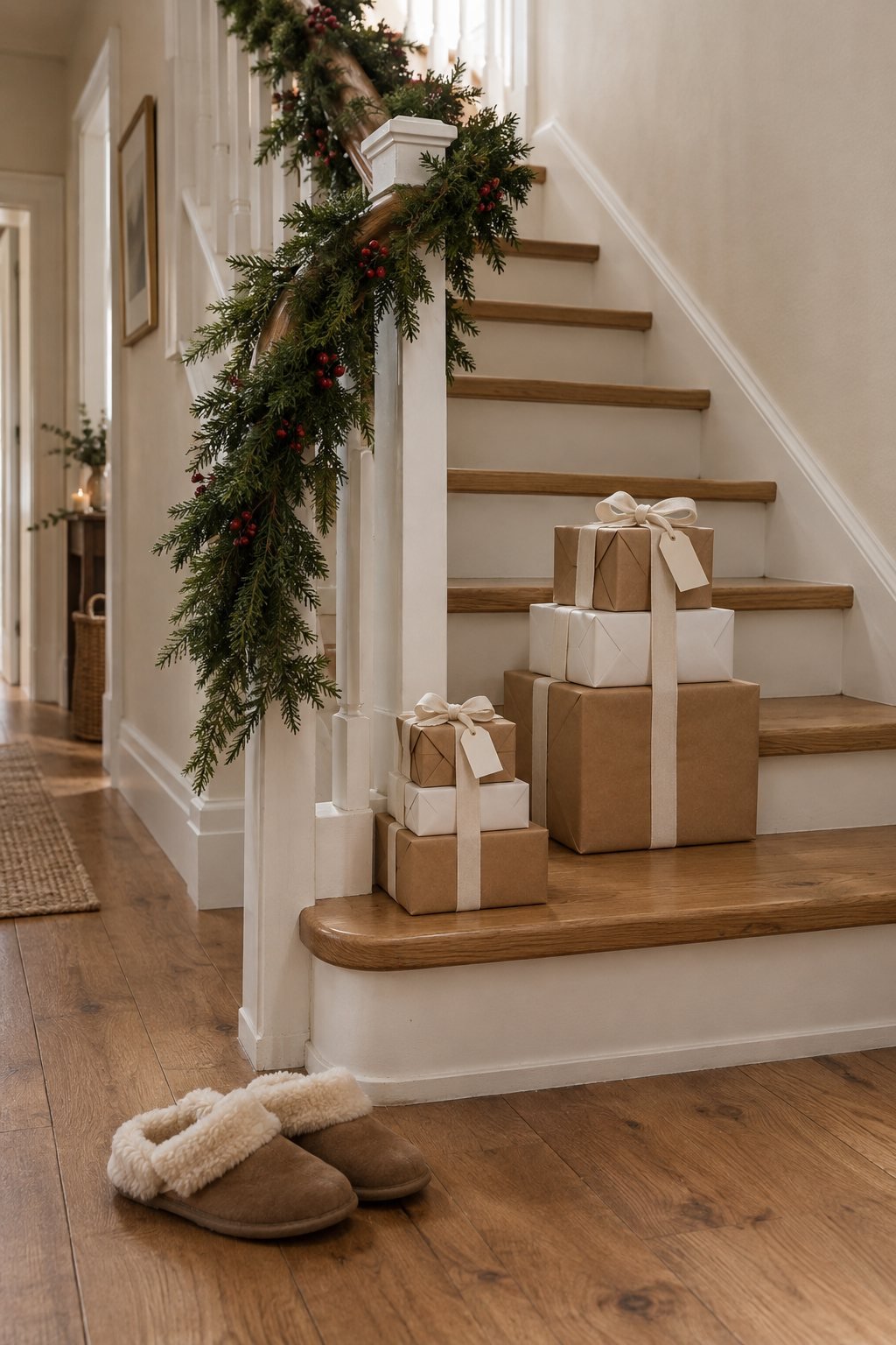 A tower of three Christmas gifts in kraft and white paper tied together with ivory cotton herringbone ribbon, on the bottom steps of a staircase with a pine garland