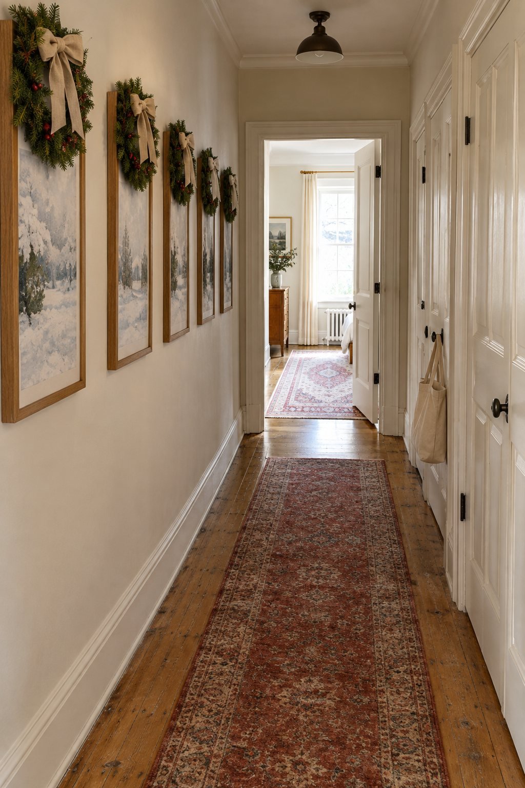 Christmas hallway decor with mini wreaths with red berries and linen bows hung on picture frames above a rust red runner rug