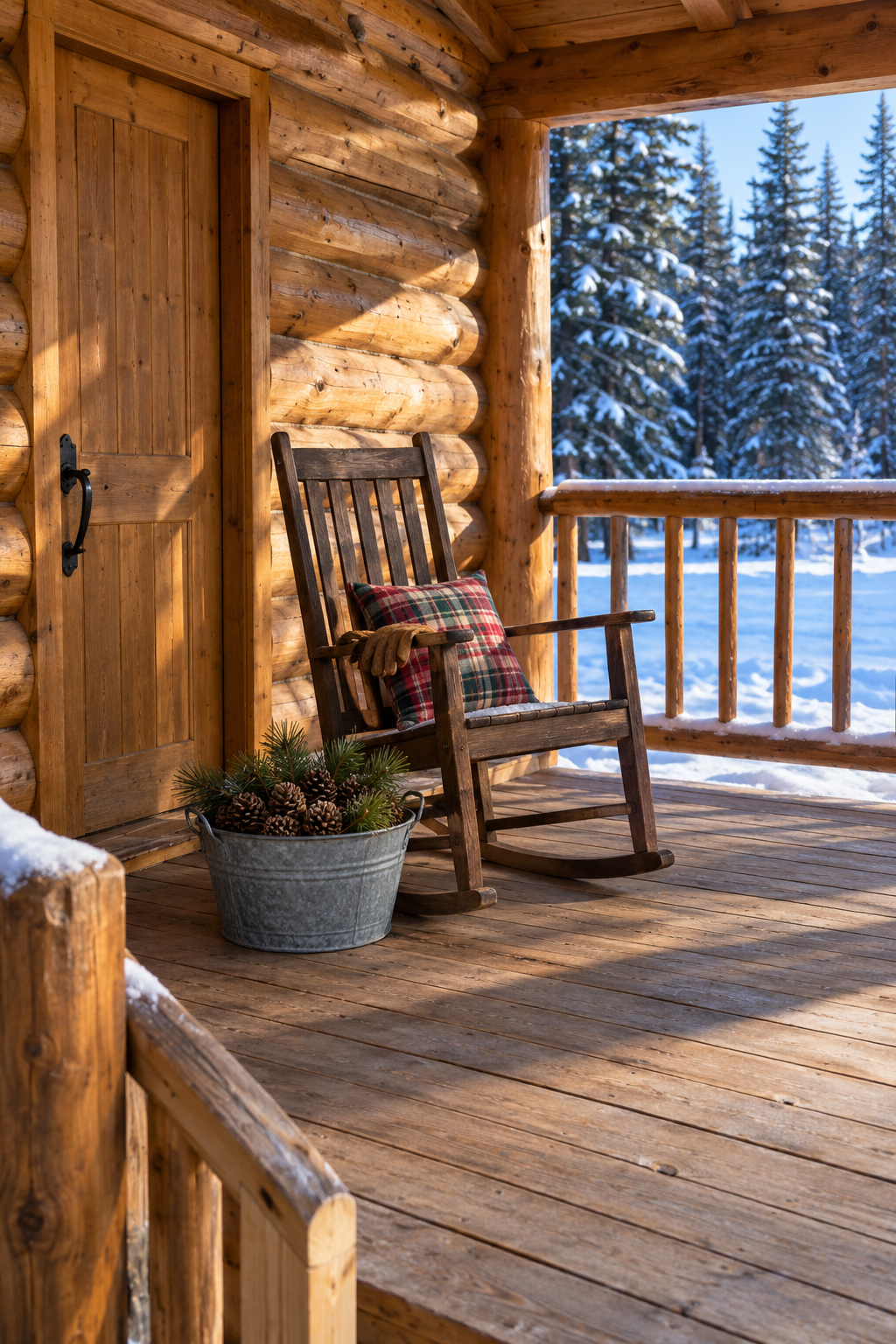 Cabin Christmas porch decor: a wooden rocking chair with a red and green plaid outdoor pillow and a low galvanized tub of pinecones and pine branches on a covered timber porch, snowy pines beyond