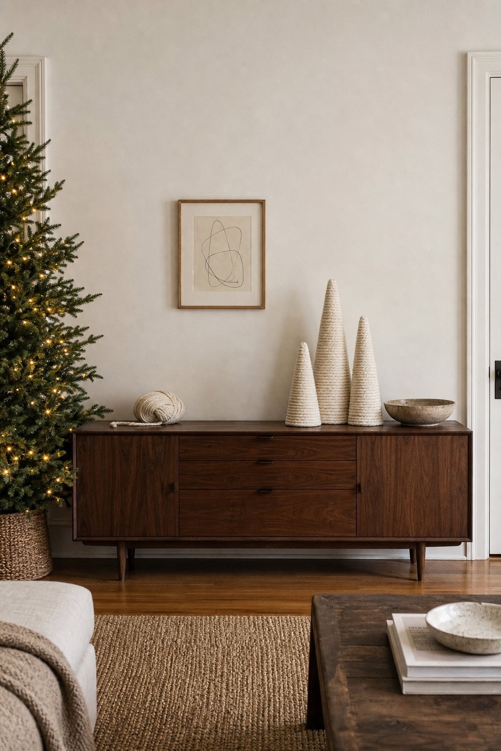 Three cone Christmas trees wrapped in chunky cream chenille yarn standing on a walnut living room sideboard with tree lights behind