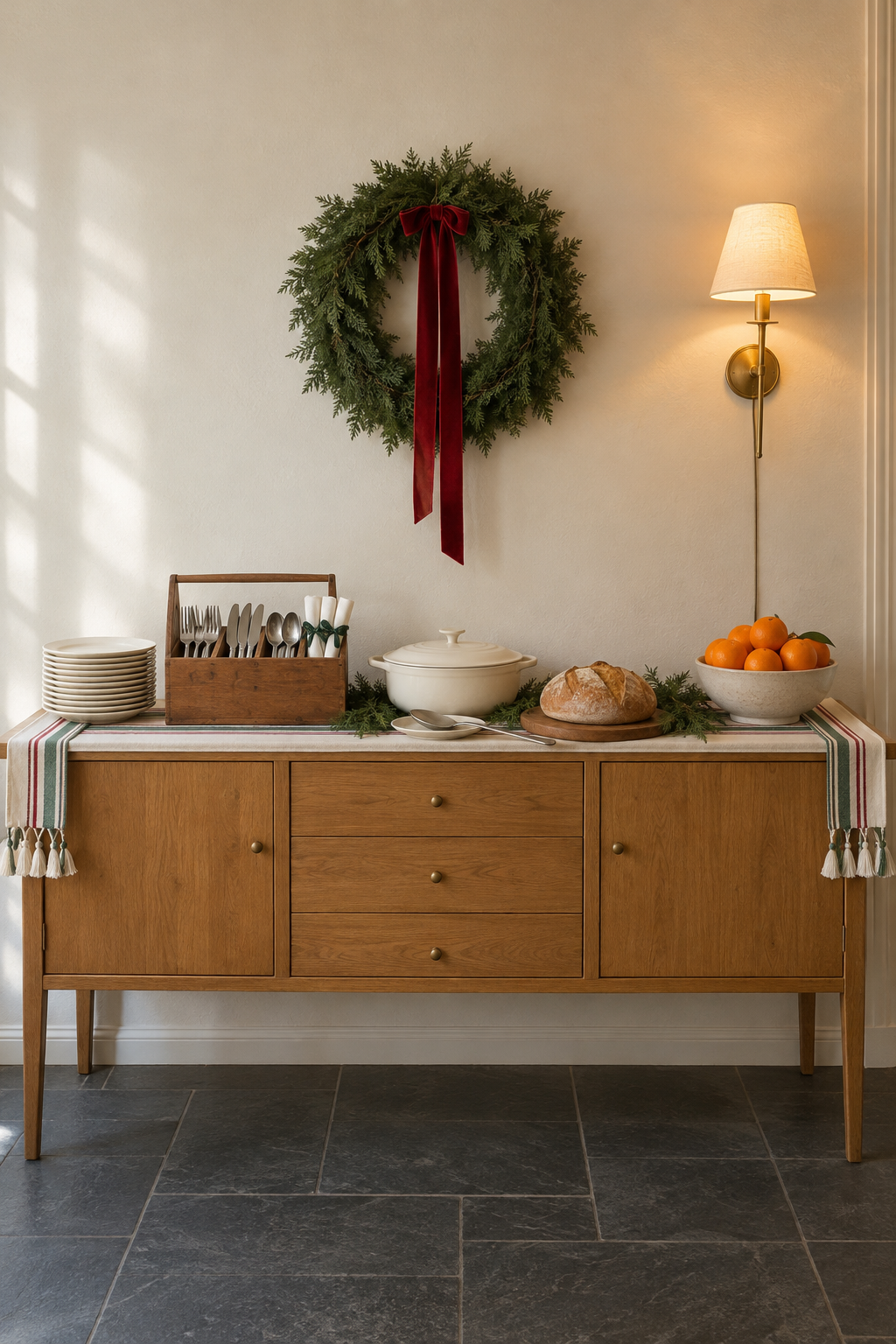 Christmas buffet table decor on a sideboard with a green and white striped runner, stacked cream plates, an acacia wood flatware caddy with rolled napkins, evergreen sprigs and a bowl of clementines