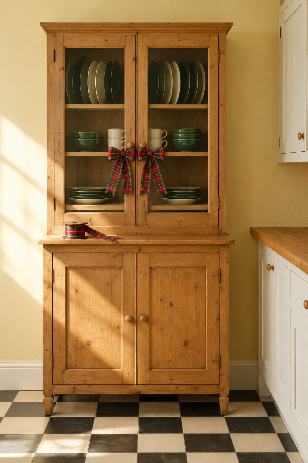 Christmas kitchen hutch in pine with green and cream stoneware behind glass doors and a wide red and green tartan ribbon bow tied on each door handle, butter yellow walls