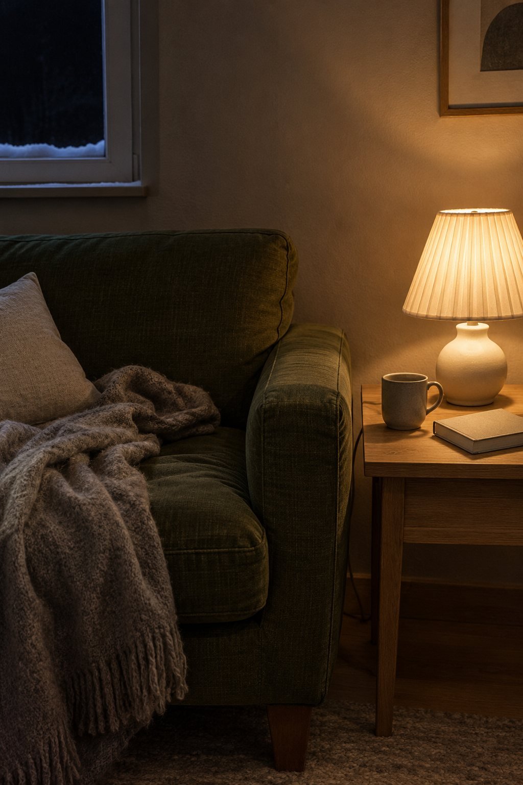 Hygge evening corner: the end of a sofa late at night with one small lamp on, a single mug and a closed book on the side table and a throw pushed back, snow on the dark window sill
