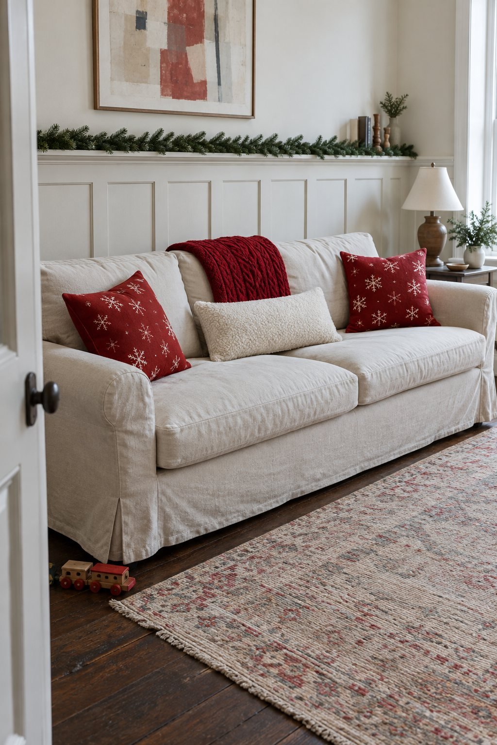 Red and cream Christmas living room sofa: two red pillows with white embroidered snowflakes, a cream lumbar pillow and a red cable knit throw over the sofa back